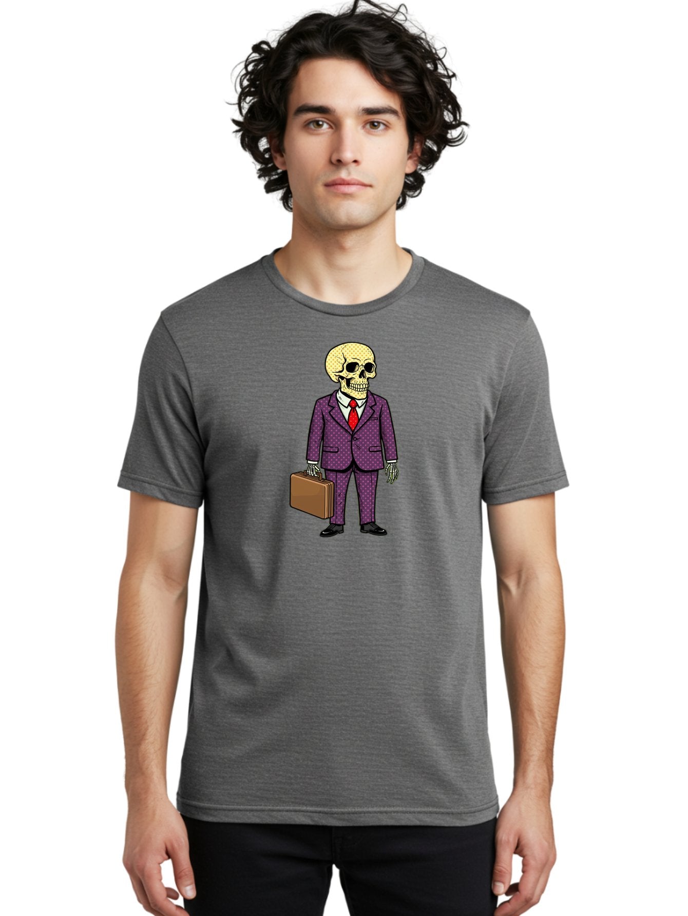 Skeleton-In-Suit-1 Men'S Graphic Tee, 100% Cotton, Comfortable Casual Summer Wear, Machine Washable, Skeleton In Business Attire, Formal Wear, Corporate Style, Briefcase, Red Tie, White Shirt, Purple Suit, Dot Pattern, Skull, Bones, Bad573 25