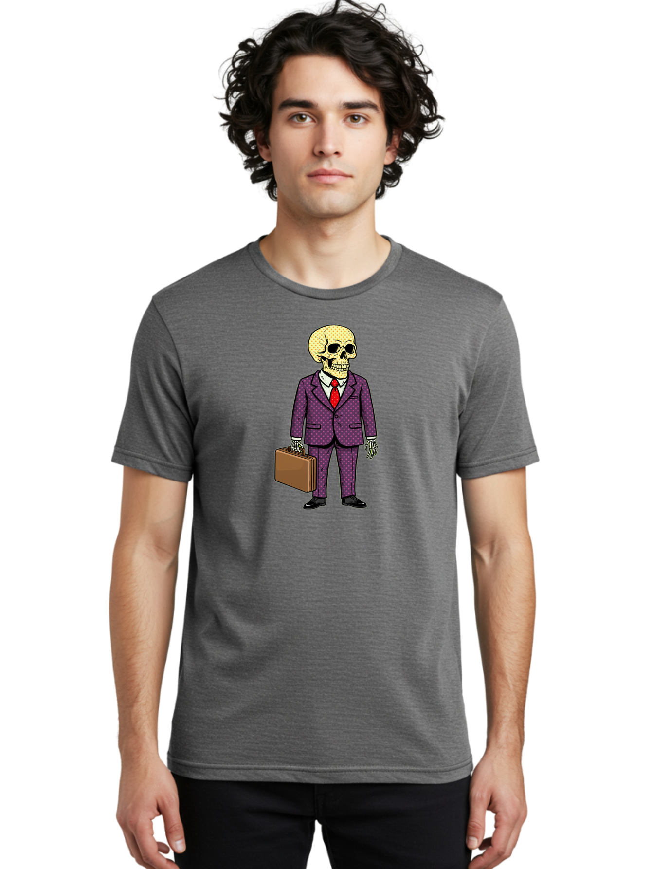 Skeleton-In-Suit-1 Men'S Graphic Tee, 100% Cotton, Comfortable Casual Summer Wear, Machine Washable, Skeleton In Business Attire, Formal Wear, Corporate Style, Briefcase, Red Tie, White Shirt, Purple Suit, Dot Pattern, Skull, Bones, Bad573 21