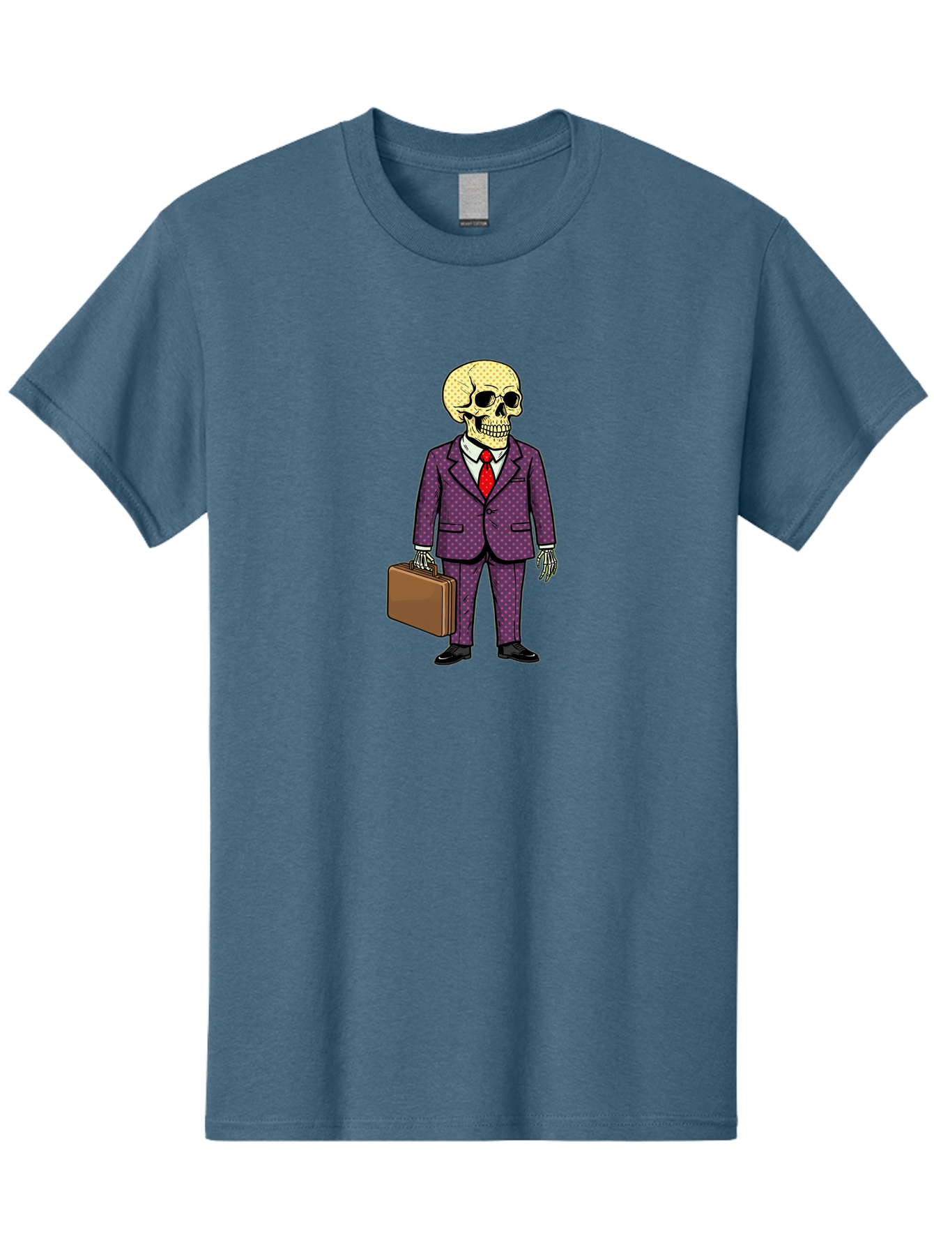 Skeleton-In-Suit-1 Men'S Graphic Tee, 100% Cotton, Comfortable Casual Summer Wear, Machine Washable, Skeleton In Business Attire, Formal Wear, Corporate Style, Briefcase, Red Tie, White Shirt, Purple Suit, Dot Pattern, Skull, Bones, Bad573 9