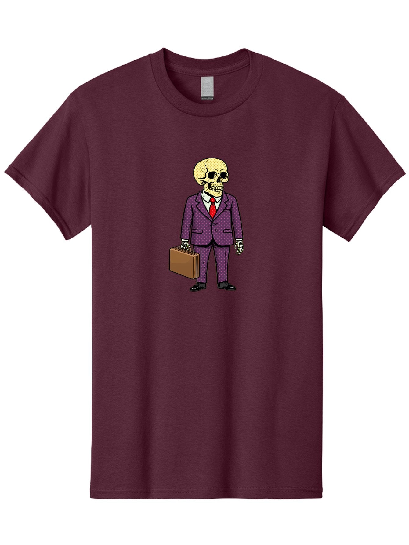Skeleton-In-Suit-1 Men'S Graphic Tee, 100% Cotton, Comfortable Casual Summer Wear, Machine Washable, Skeleton In Business Attire, Formal Wear, Corporate Style, Briefcase, Red Tie, White Shirt, Purple Suit, Dot Pattern, Skull, Bones, Bad573 9