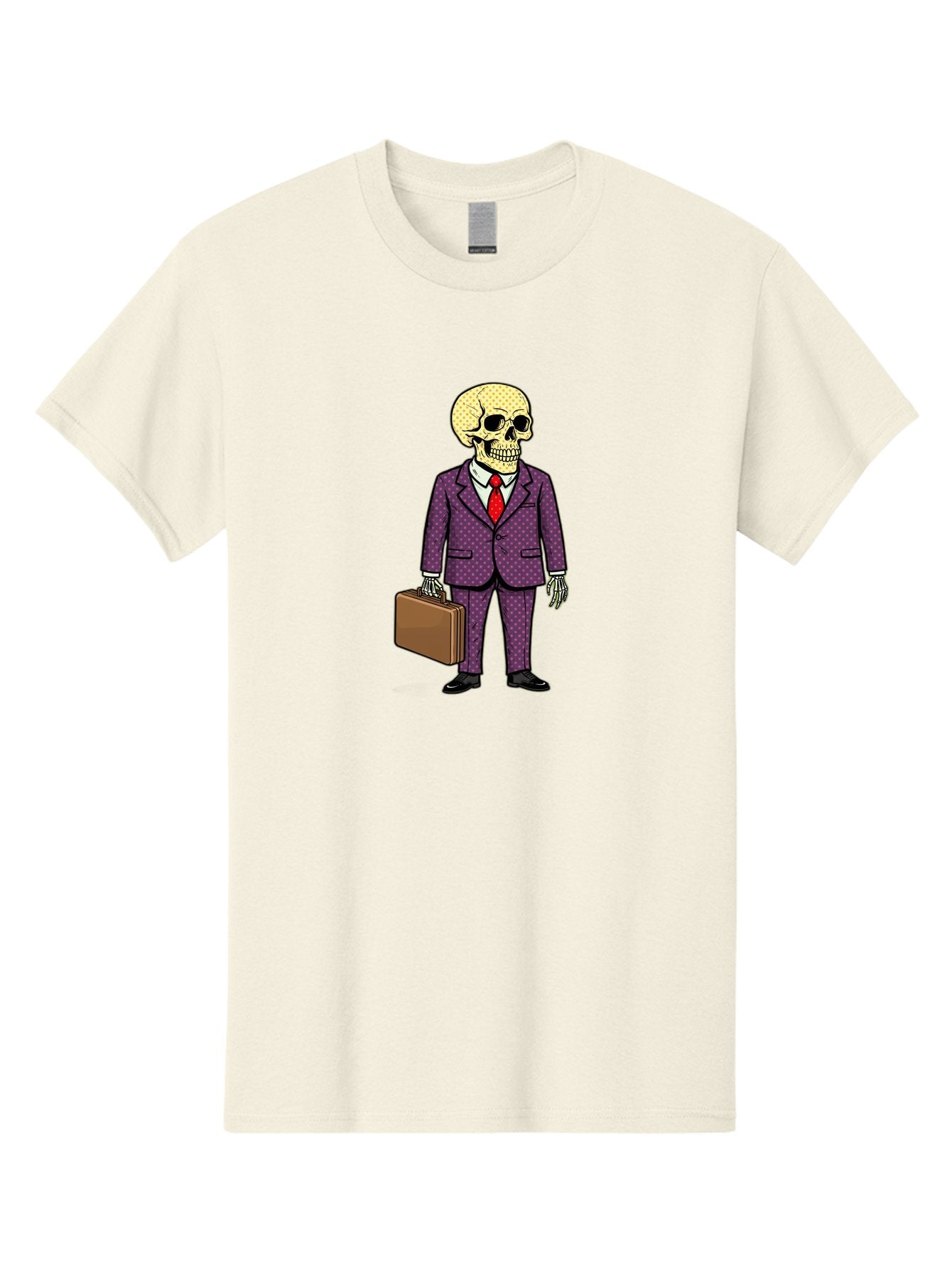 Skeleton-In-Suit-1 Men'S Graphic Tee, 100% Cotton, Comfortable Casual Summer Wear, Machine Washable, Skeleton In Business Attire, Formal Wear, Corporate Style, Briefcase, Red Tie, White Shirt, Purple Suit, Dot Pattern, Skull, Bones, Bad573 12