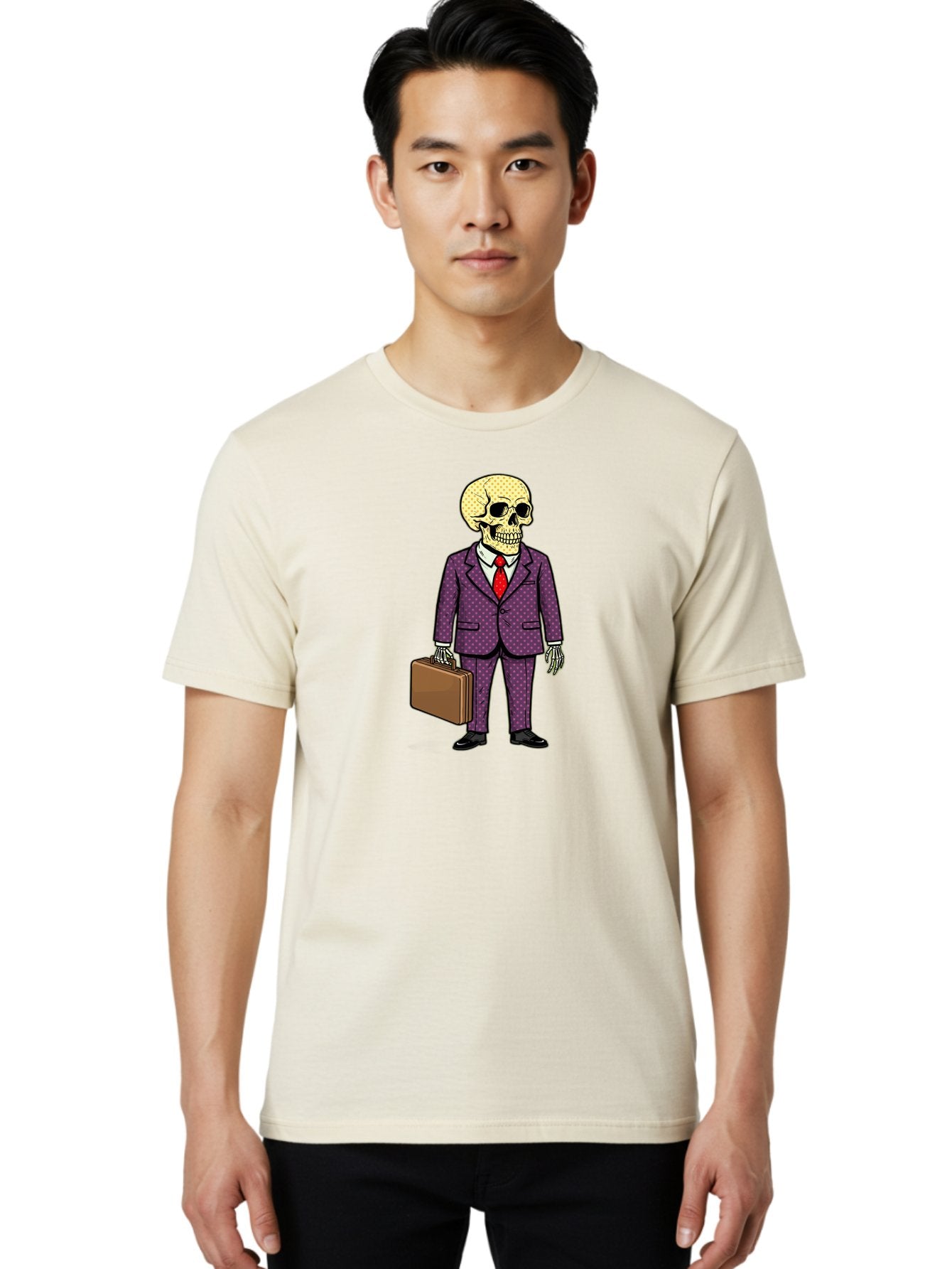 Skeleton-In-Suit-1 Men'S Graphic Tee, 100% Cotton, Comfortable Casual Summer Wear, Machine Washable, Skeleton In Business Attire, Formal Wear, Corporate Style, Briefcase, Red Tie, White Shirt, Purple Suit, Dot Pattern, Skull, Bones, Bad573 28