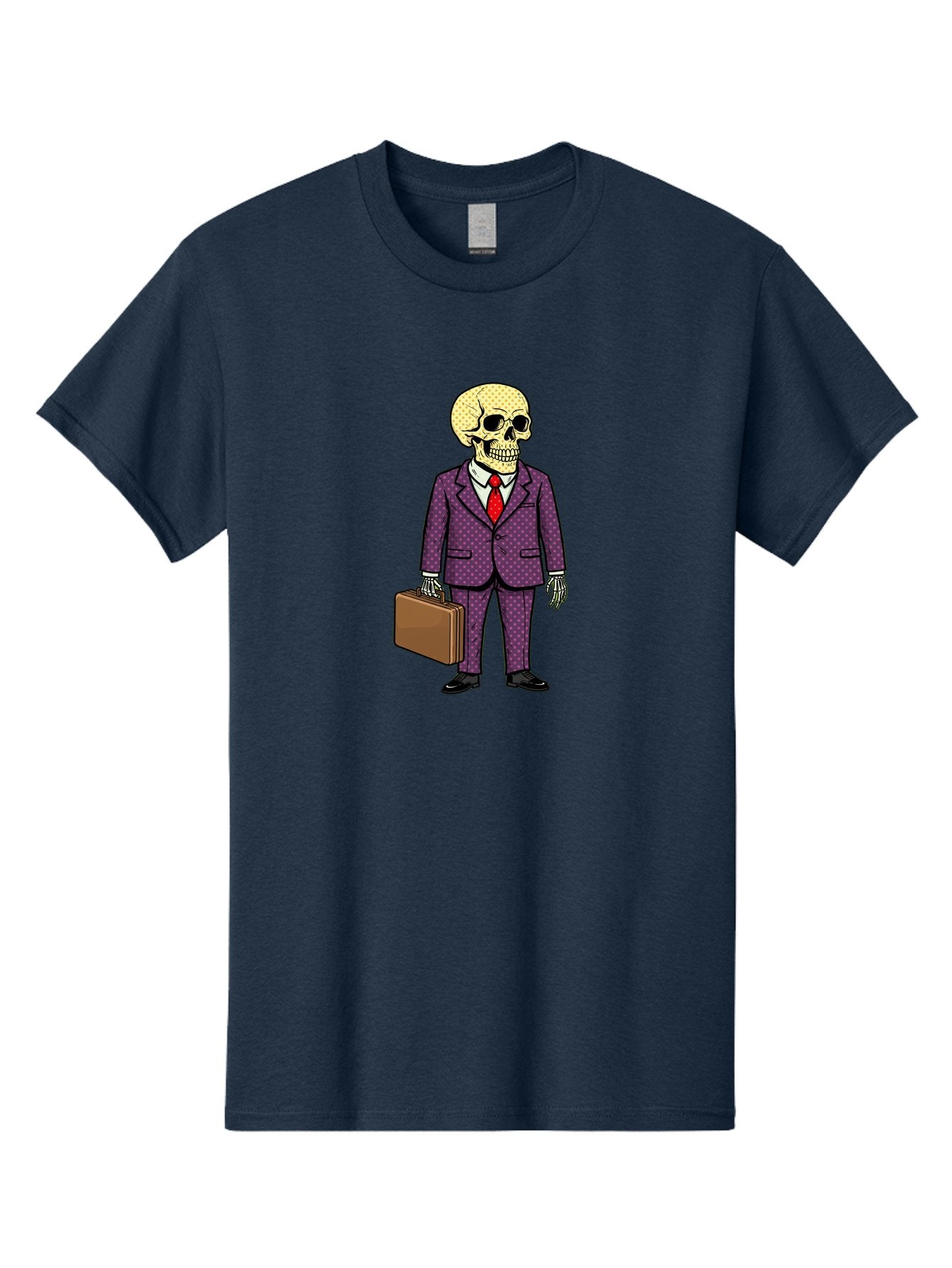 Skeleton-In-Suit-1 Men'S Graphic Tee, 100% Cotton, Comfortable Casual Summer Wear, Machine Washable, Skeleton In Business Attire, Formal Wear, Corporate Style, Briefcase, Red Tie, White Shirt, Purple Suit, Dot Pattern, Skull, Bones, Bad573