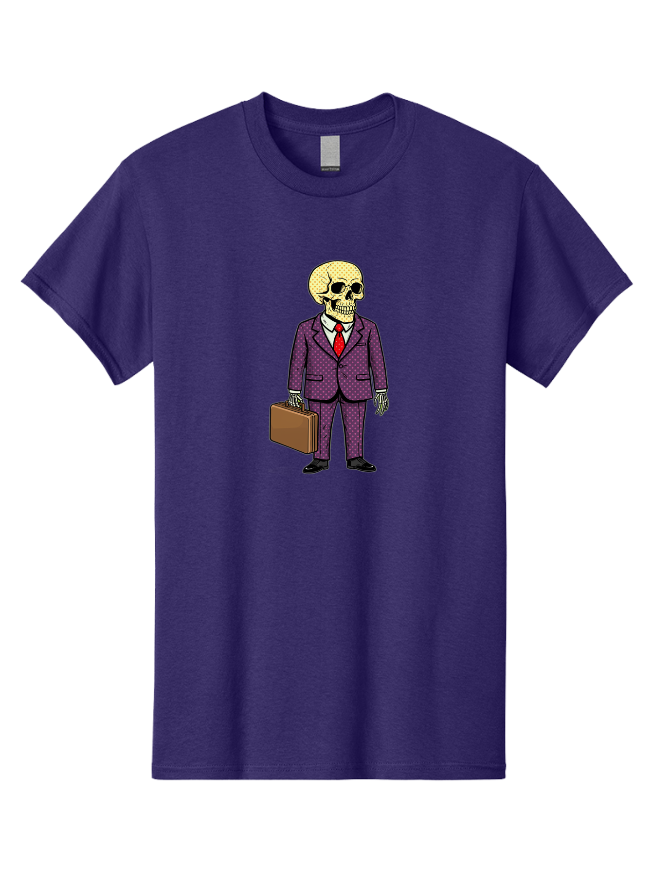 Skeleton-In-Suit-1 Men'S Graphic Tee, 100% Cotton, Comfortable Casual Summer Wear, Machine Washable, Skeleton In Business Attire, Formal Wear, Corporate Style, Briefcase, Red Tie, White Shirt, Purple Suit, Dot Pattern, Skull, Bones, Bad573 8