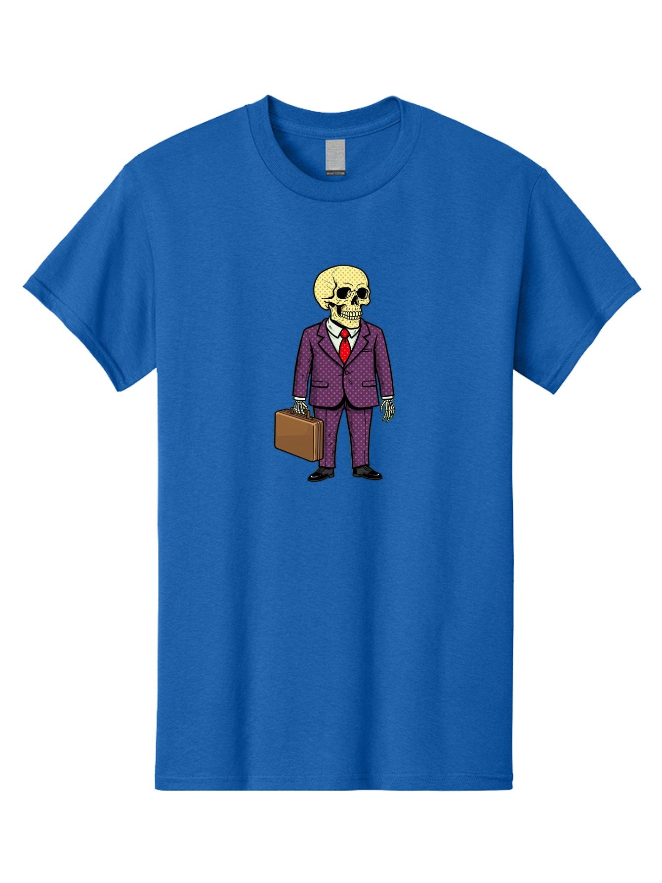 Skeleton-In-Suit-1 Men'S Graphic Tee, 100% Cotton, Comfortable Casual Summer Wear, Machine Washable, Skeleton In Business Attire, Formal Wear, Corporate Style, Briefcase, Red Tie, White Shirt, Purple Suit, Dot Pattern, Skull, Bones, Bad573 10