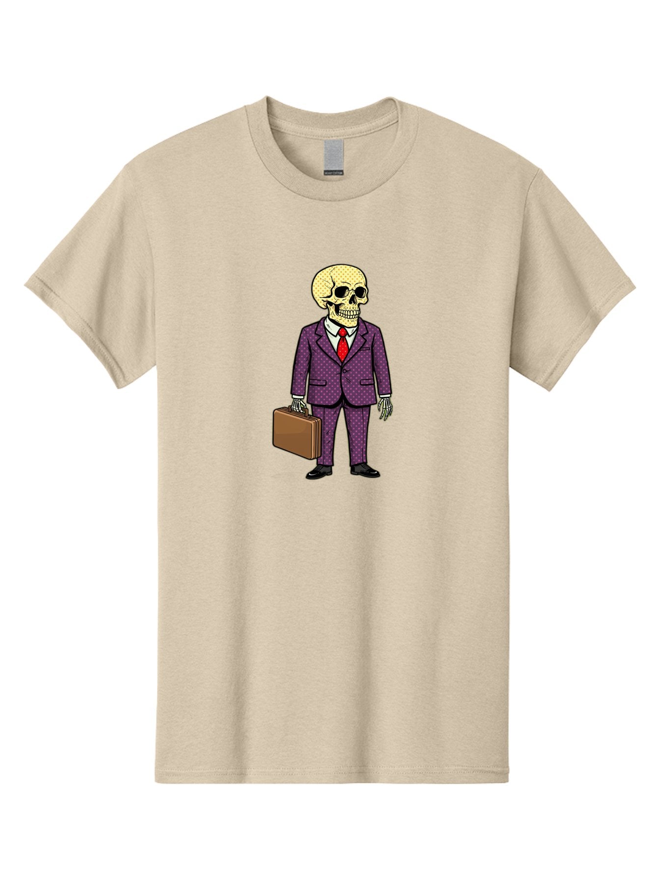 Skeleton-In-Suit-1 Men'S Graphic Tee, 100% Cotton, Comfortable Casual Summer Wear, Machine Washable, Skeleton In Business Attire, Formal Wear, Corporate Style, Briefcase, Red Tie, White Shirt, Purple Suit, Dot Pattern, Skull, Bones, Bad573 4
