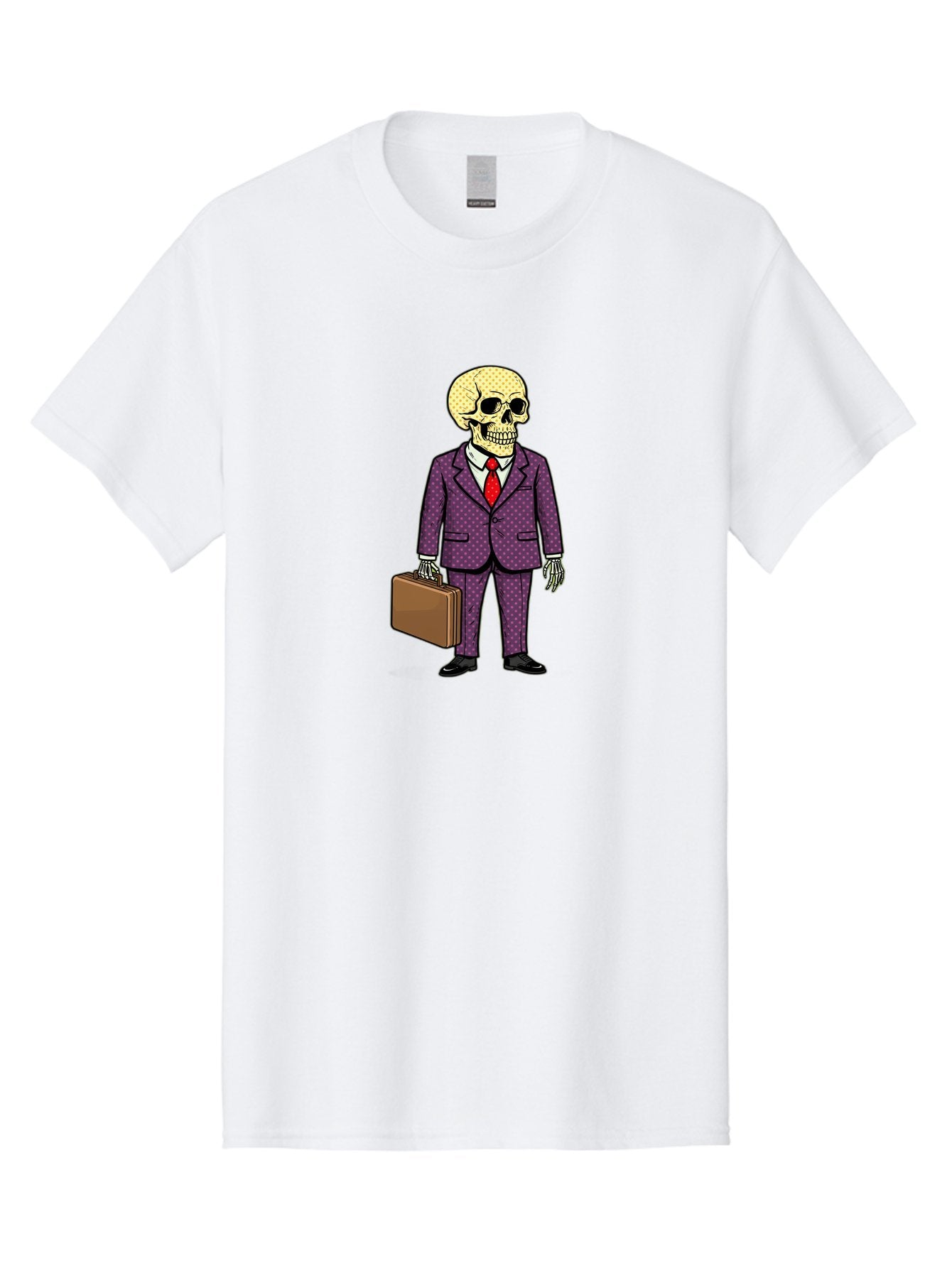 Skeleton-In-Suit-1 Men'S Graphic Tee, 100% Cotton, Comfortable Casual Summer Wear, Machine Washable, Skeleton In Business Attire, Formal Wear, Corporate Style, Briefcase, Red Tie, White Shirt, Purple Suit, Dot Pattern, Skull, Bones, Bad573 7