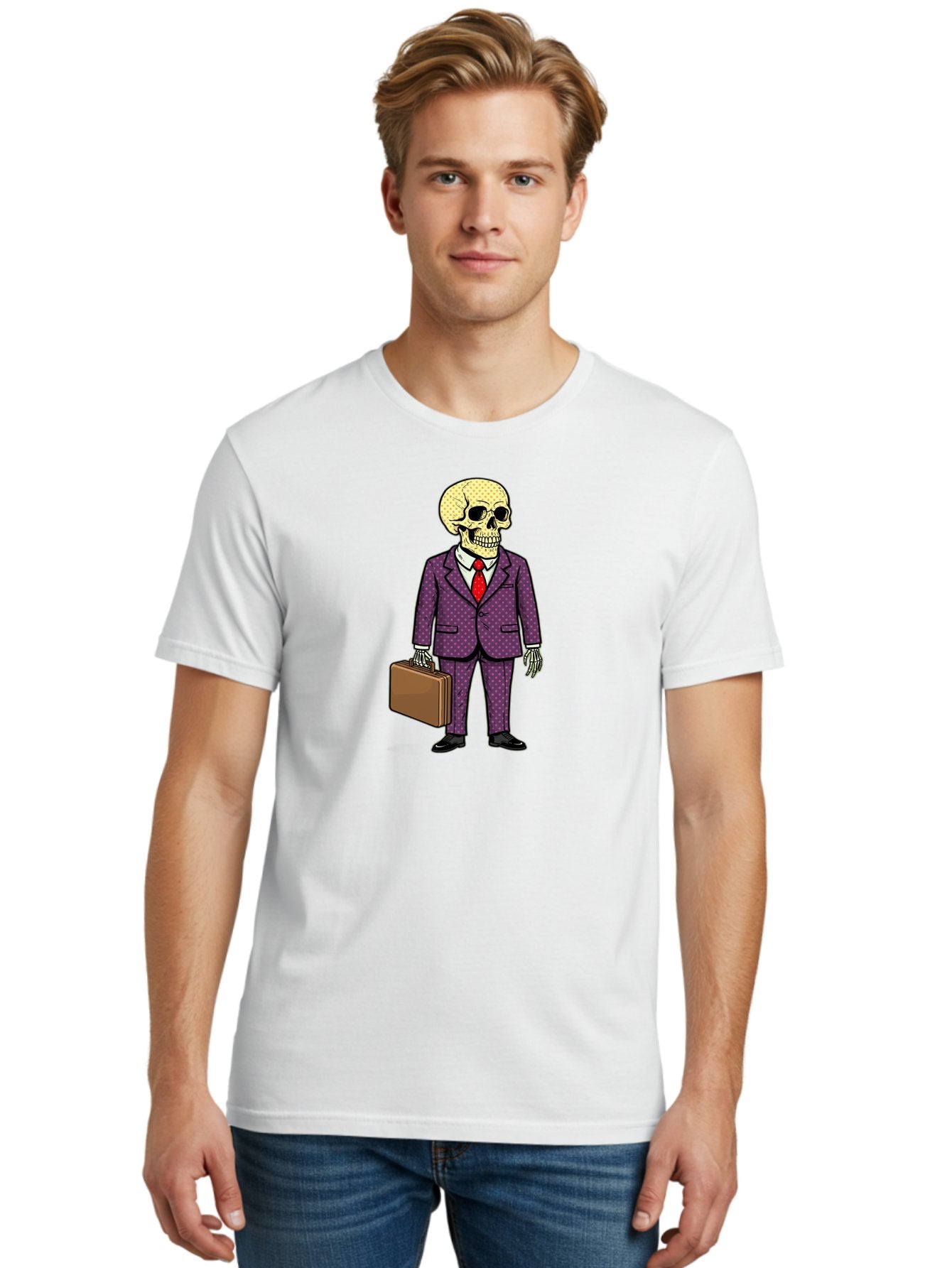 Skeleton-In-Suit-1 Men'S Graphic Tee, 100% Cotton, Comfortable Casual Summer Wear, Machine Washable, Skeleton In Business Attire, Formal Wear, Corporate Style, Briefcase, Red Tie, White Shirt, Purple Suit, Dot Pattern, Skull, Bones, Bad573 16