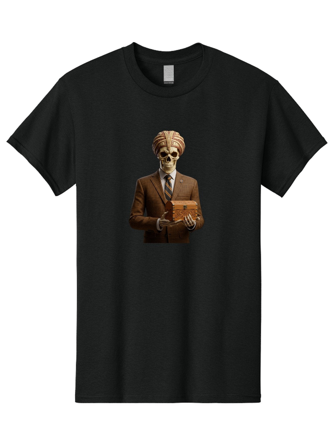 Skeleton-In-Suit-Holding-Box Men'S Graphic Tee, 100% Cotton, Comfortable Casual Summer Wear, Machine Washable, Skeleton Wearing A Suit, Holding A Treasure Chest, Striped Tie, Turban On Head, Business Attire, Mysterious Figure, Ornate Box, Bad575 5