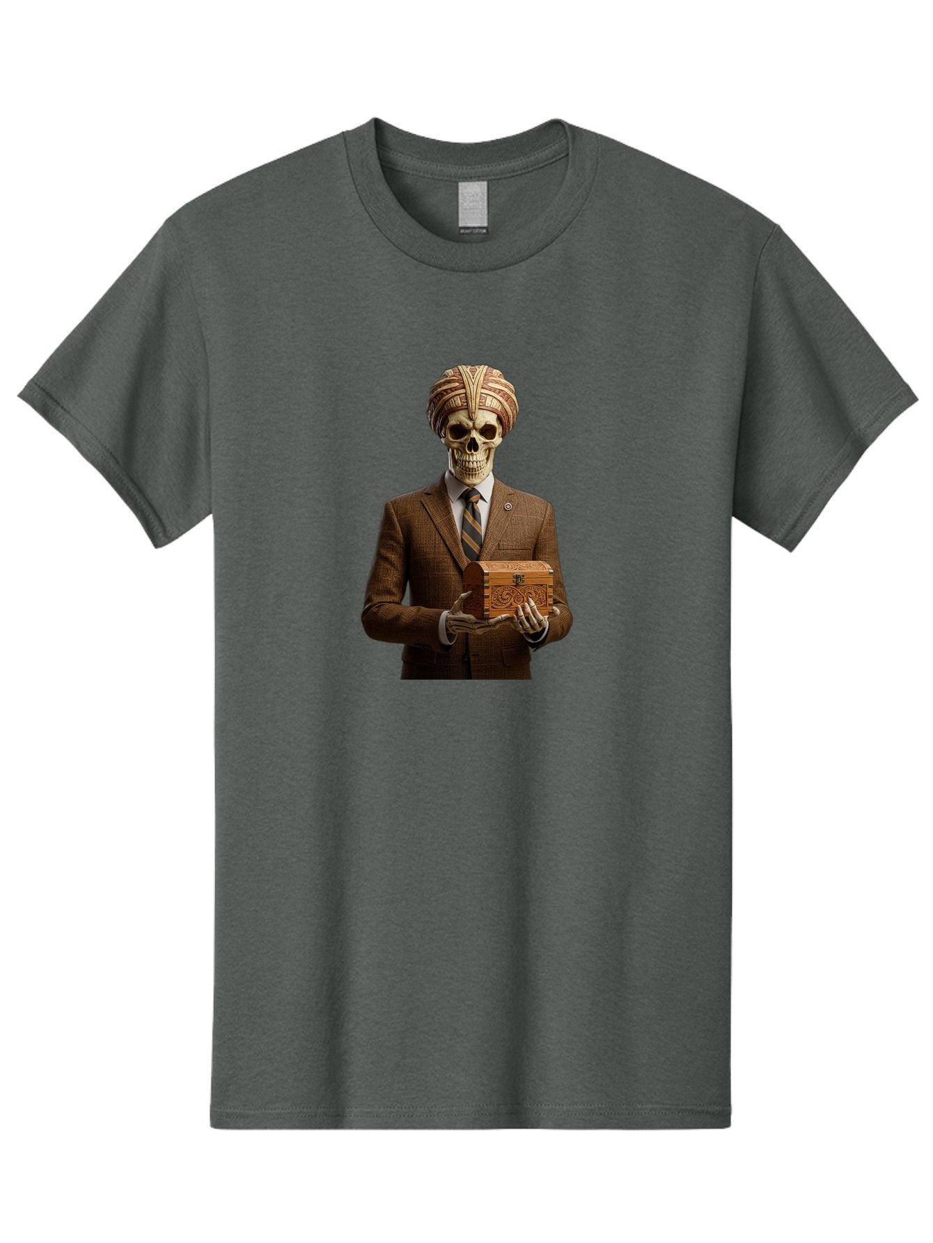 Skeleton-In-Suit-Holding-Box Men'S Graphic Tee, 100% Cotton, Comfortable Casual Summer Wear, Machine Washable, Skeleton Wearing A Suit, Holding A Treasure Chest, Striped Tie, Turban On Head, Business Attire, Mysterious Figure, Ornate Box, Bad575 7