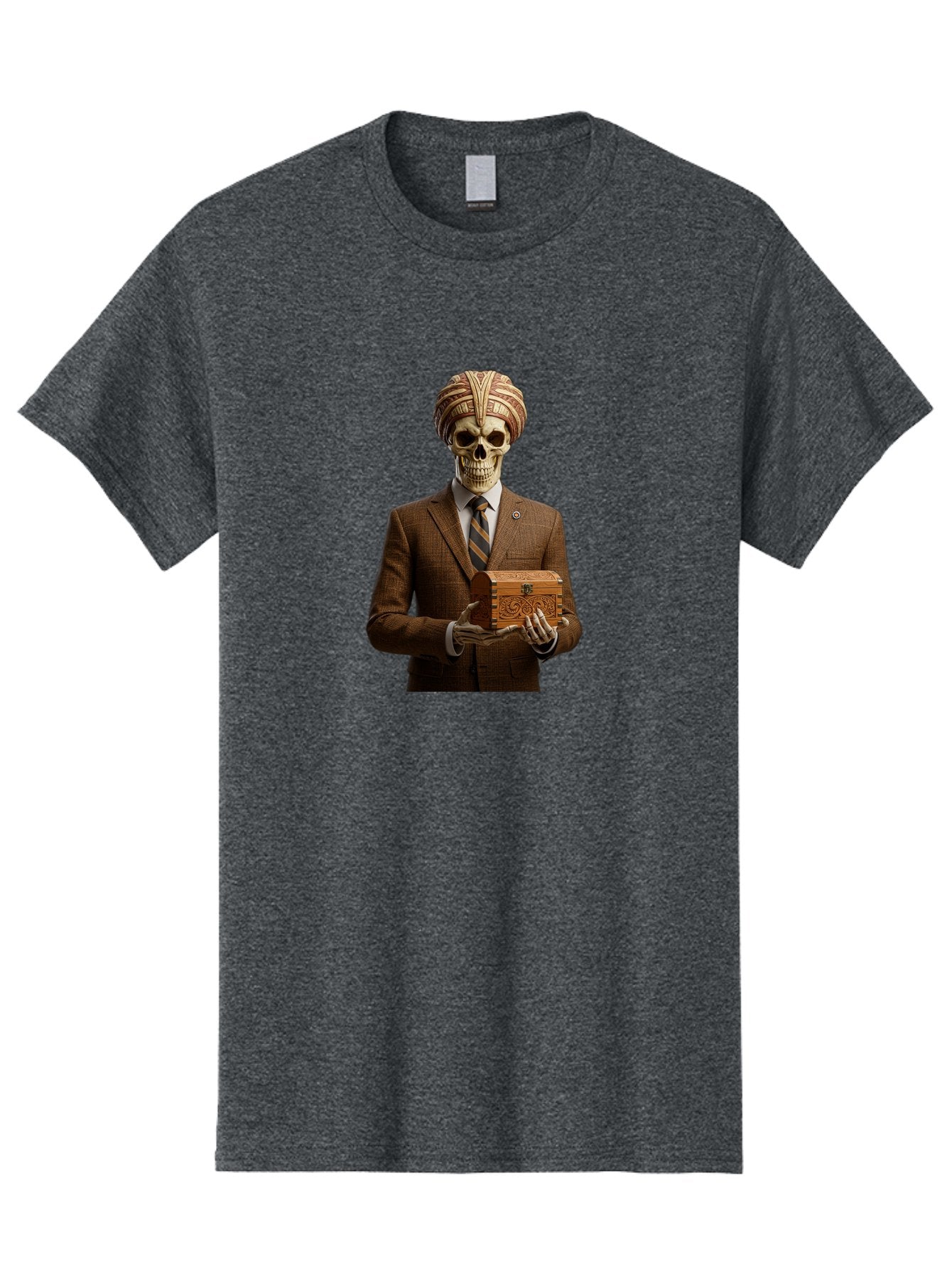 Skeleton-In-Suit-Holding-Box Men'S Graphic Tee, 100% Cotton, Comfortable Casual Summer Wear, Machine Washable, Skeleton Wearing A Suit, Holding A Treasure Chest, Striped Tie, Turban On Head, Business Attire, Mysterious Figure, Ornate Box, Bad575 11