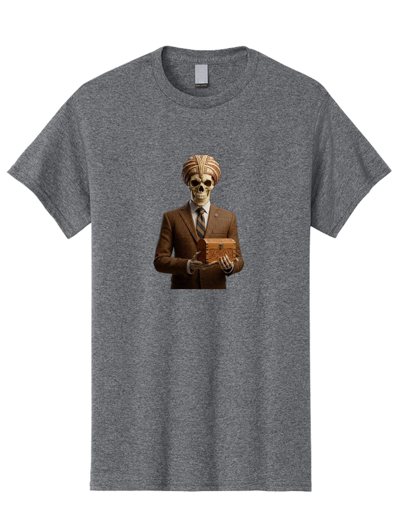 Skeleton-In-Suit-Holding-Box Men'S Graphic Tee, 100% Cotton, Comfortable Casual Summer Wear, Machine Washable, Skeleton Wearing A Suit, Holding A Treasure Chest, Striped Tie, Turban On Head, Business Attire, Mysterious Figure, Ornate Box, Bad575