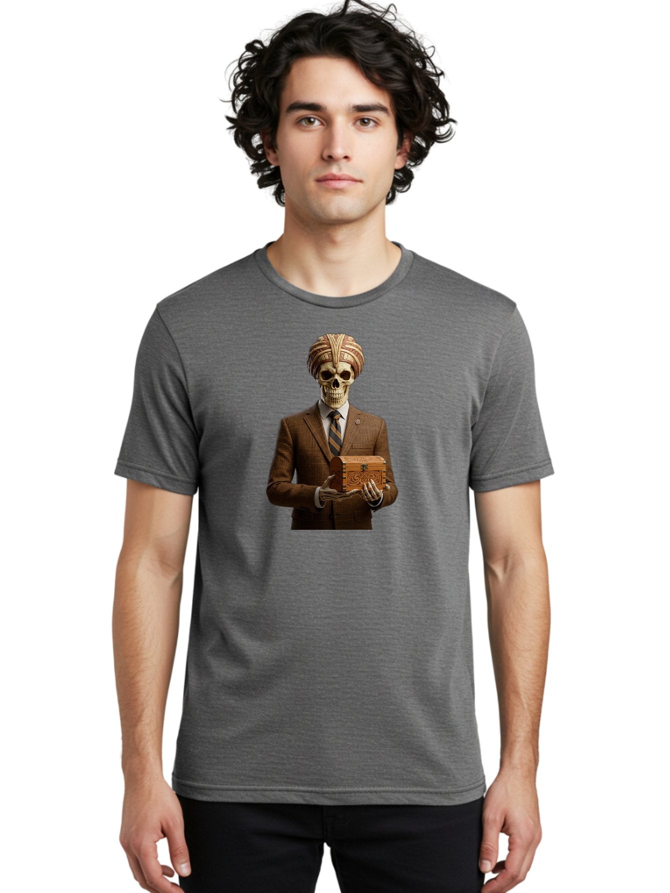 Skeleton-In-Suit-Holding-Box Men'S Graphic Tee, 100% Cotton, Comfortable Casual Summer Wear, Machine Washable, Skeleton Wearing A Suit, Holding A Treasure Chest, Striped Tie, Turban On Head, Business Attire, Mysterious Figure, Ornate Box, Bad575 19