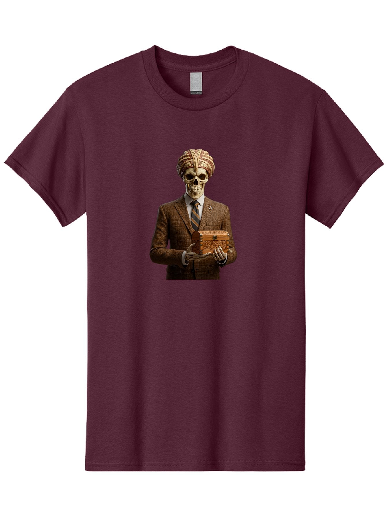 Skeleton-In-Suit-Holding-Box Men'S Graphic Tee, 100% Cotton, Comfortable Casual Summer Wear, Machine Washable, Skeleton Wearing A Suit, Holding A Treasure Chest, Striped Tie, Turban On Head, Business Attire, Mysterious Figure, Ornate Box, Bad575 13