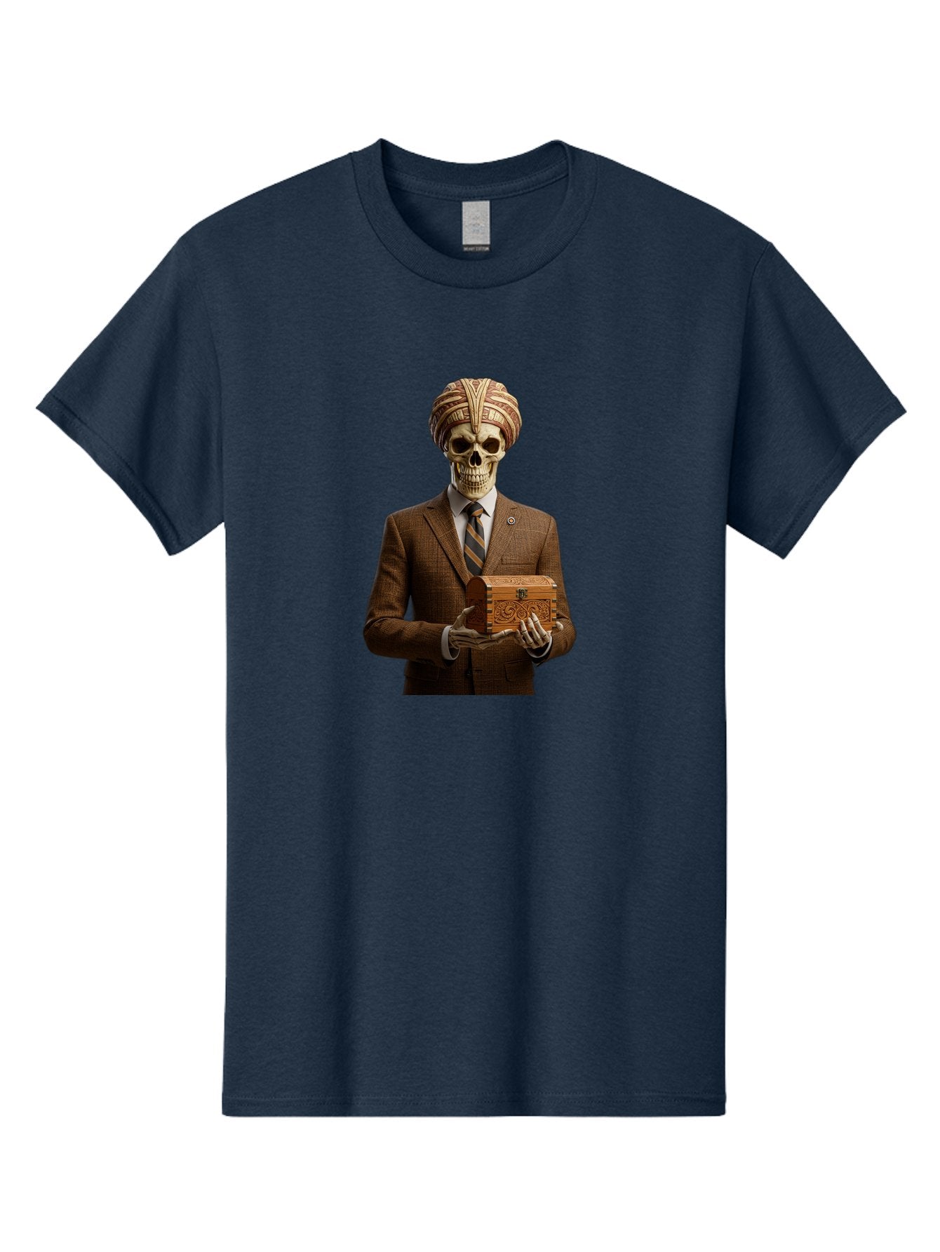 Skeleton-In-Suit-Holding-Box Men'S Graphic Tee, 100% Cotton, Comfortable Casual Summer Wear, Machine Washable, Skeleton Wearing A Suit, Holding A Treasure Chest, Striped Tie, Turban On Head, Business Attire, Mysterious Figure, Ornate Box, Bad575 4