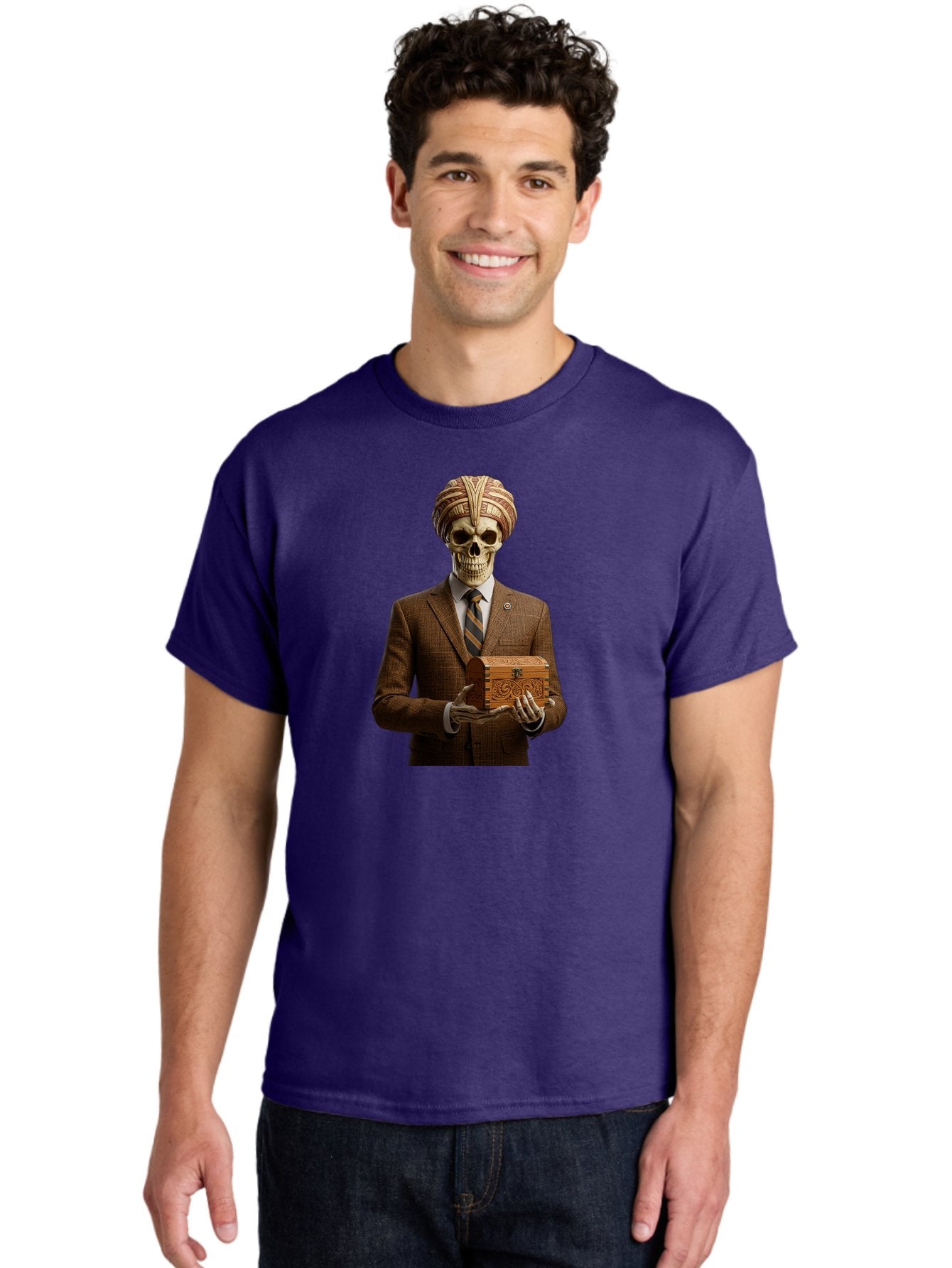 Skeleton-In-Suit-Holding-Box Men'S Graphic Tee, 100% Cotton, Comfortable Casual Summer Wear, Machine Washable, Skeleton Wearing A Suit, Holding A Treasure Chest, Striped Tie, Turban On Head, Business Attire, Mysterious Figure, Ornate Box, Bad575 30