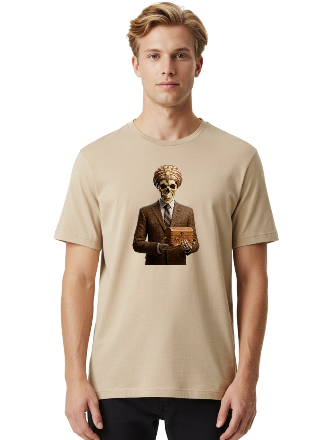 Skeleton-In-Suit-Holding-Box Men'S Graphic Tee, 100% Cotton, Comfortable Casual Summer Wear, Machine Washable, Skeleton Wearing A Suit, Holding A Treasure Chest, Striped Tie, Turban On Head, Business Attire, Mysterious Figure, Ornate Box, Bad575 21