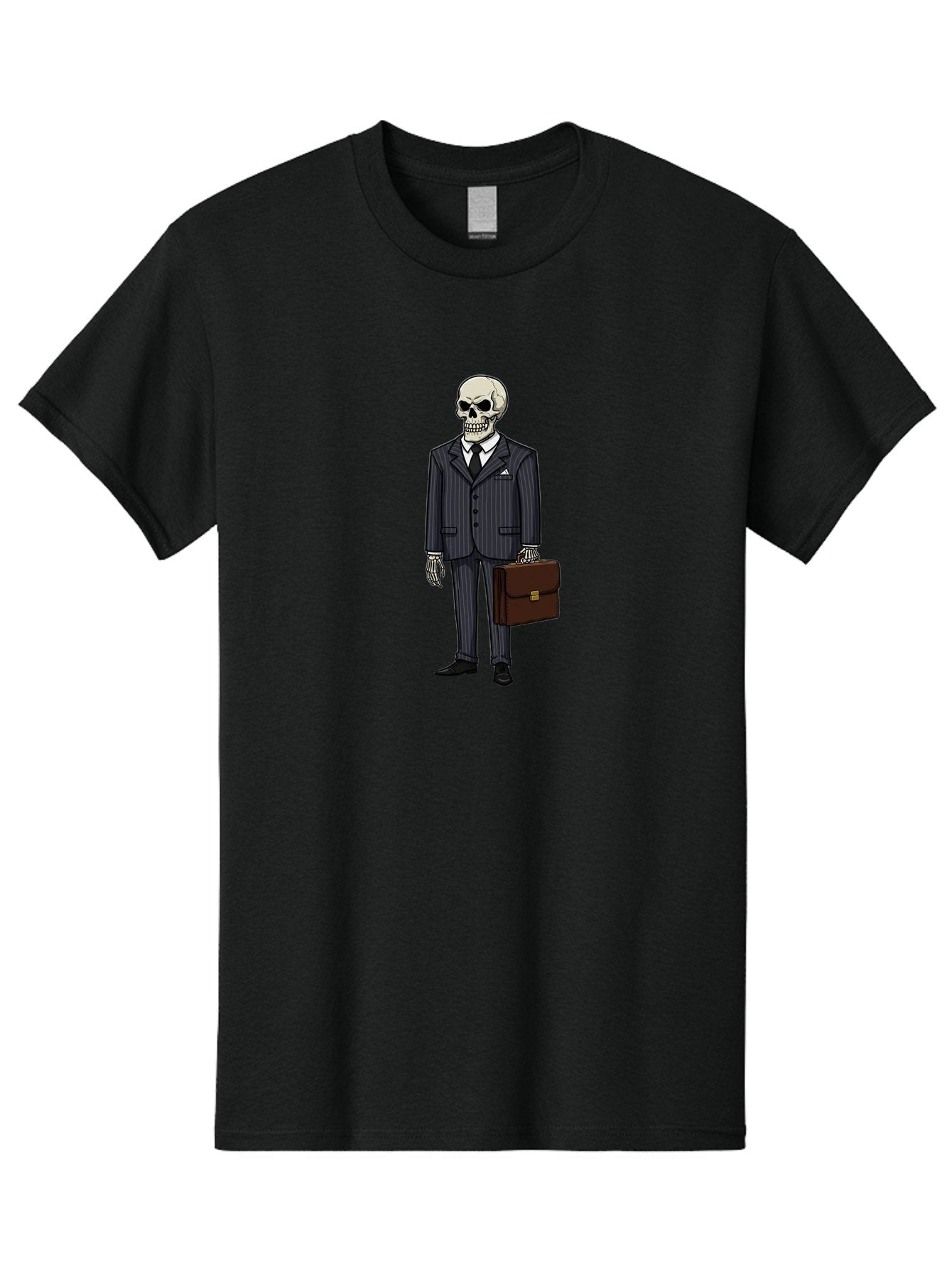 Skeleton-In-Suit Men'S Graphic Tee, 100% Cotton, Comfortable Casual Summer Wear, Machine Washable, Skeleton Wearing A Suit, Briefcase In Hand, Business Attire, Formal Wear, Black Tie, White Shirt, Striped Pants, Corporate Style, Spooky, Bad576 3