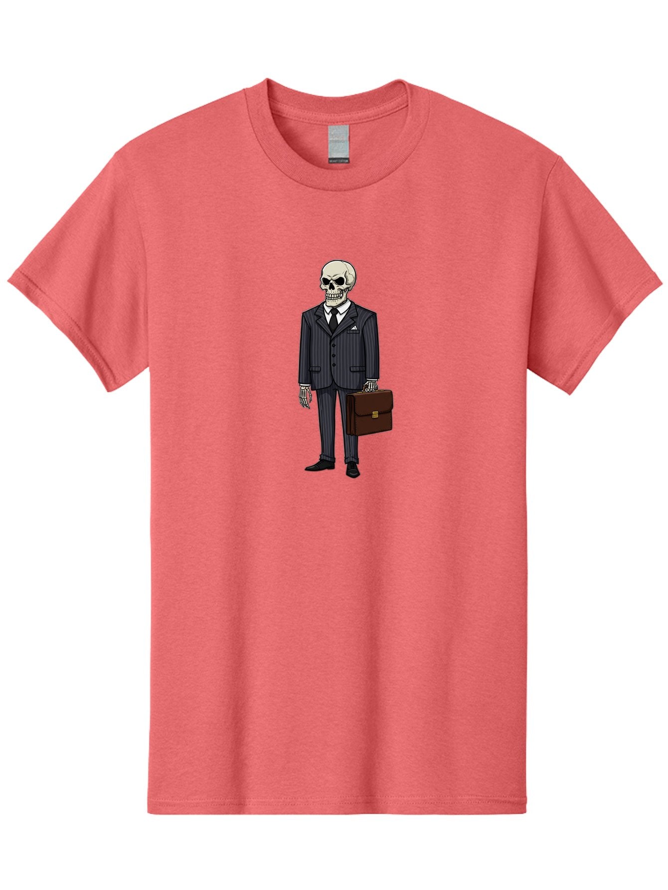 Skeleton-In-Suit Men'S Graphic Tee, 100% Cotton, Comfortable Casual Summer Wear, Machine Washable, Skeleton Wearing A Suit, Briefcase In Hand, Business Attire, Formal Wear, Black Tie, White Shirt, Striped Pants, Corporate Style, Spooky, Bad576