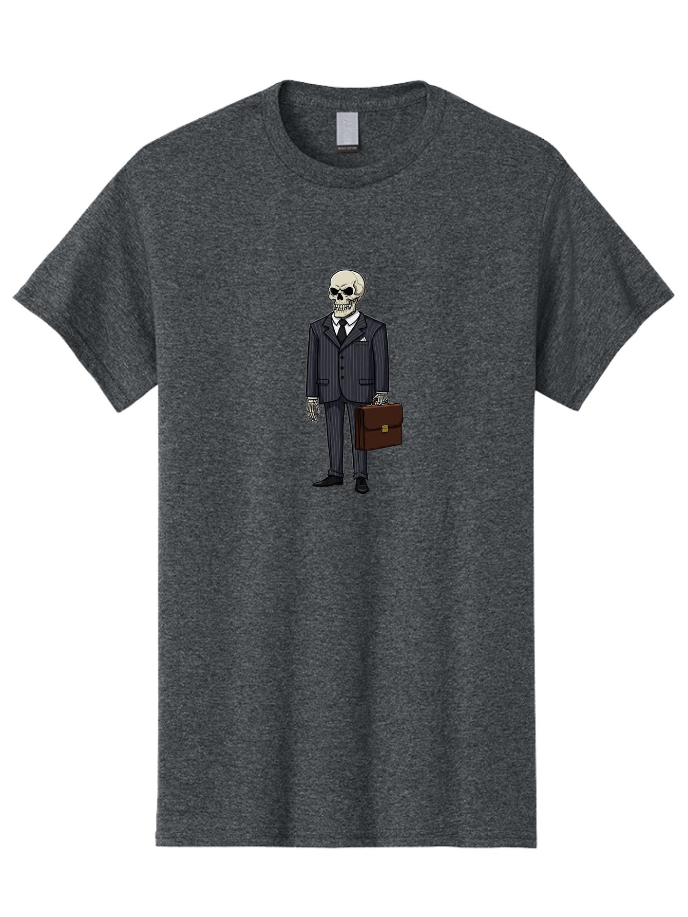 Skeleton-In-Suit Men'S Graphic Tee, 100% Cotton, Comfortable Casual Summer Wear, Machine Washable, Skeleton Wearing A Suit, Briefcase In Hand, Business Attire, Formal Wear, Black Tie, White Shirt, Striped Pants, Corporate Style, Spooky, Bad576