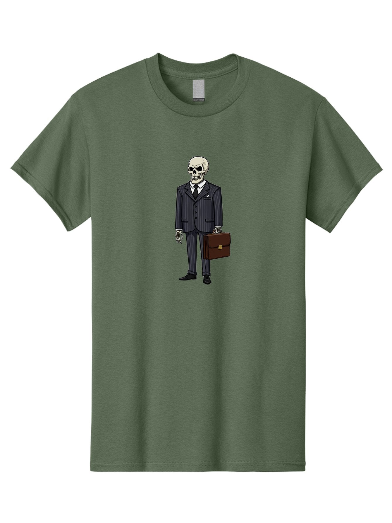 Skeleton-In-Suit Men'S Graphic Tee, 100% Cotton, Comfortable Casual Summer Wear, Machine Washable, Skeleton Wearing A Suit, Briefcase In Hand, Business Attire, Formal Wear, Black Tie, White Shirt, Striped Pants, Corporate Style, Spooky, Bad576 5