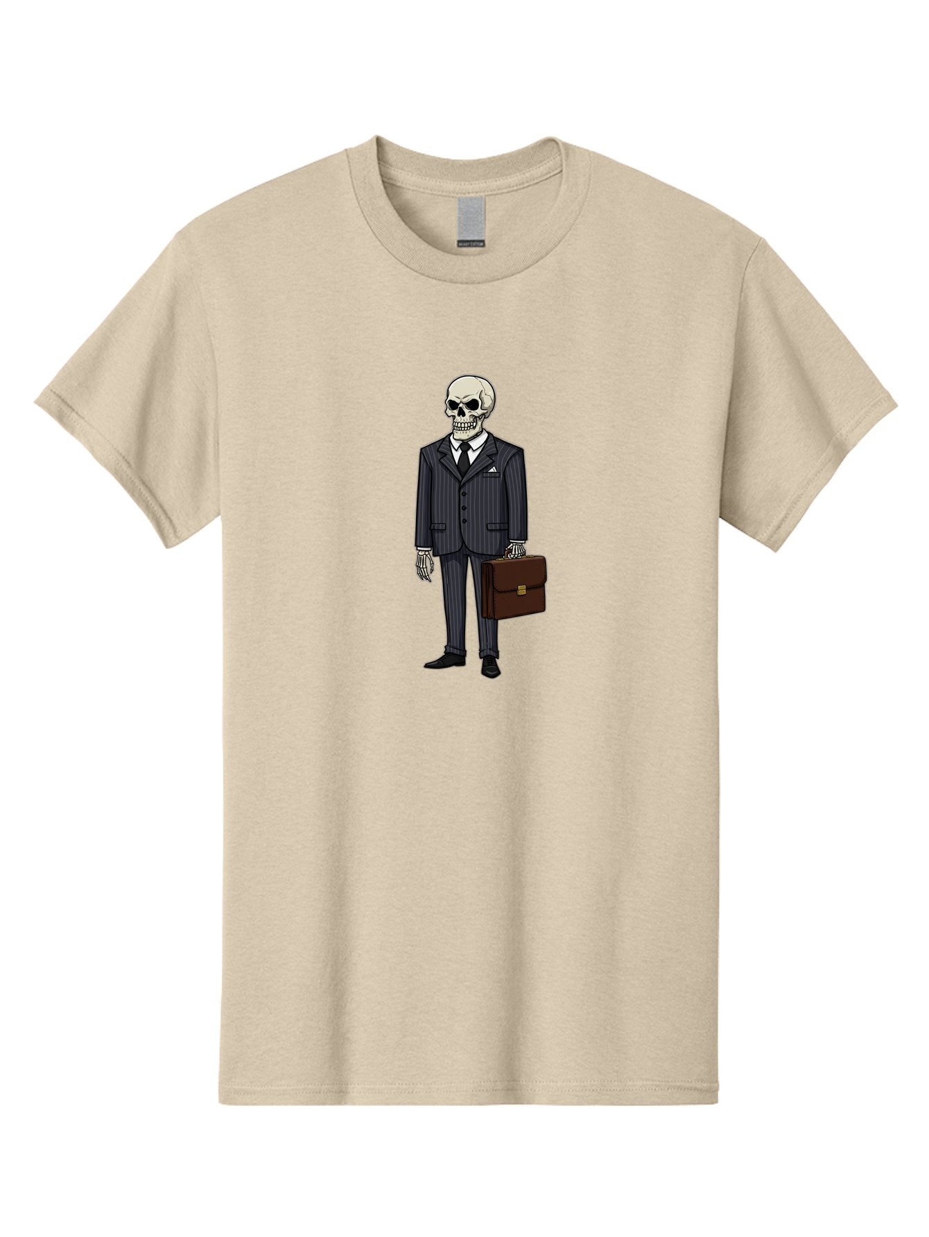 Skeleton-In-Suit Men'S Graphic Tee, 100% Cotton, Comfortable Casual Summer Wear, Machine Washable, Skeleton Wearing A Suit, Briefcase In Hand, Business Attire, Formal Wear, Black Tie, White Shirt, Striped Pants, Corporate Style, Spooky, Bad576 7