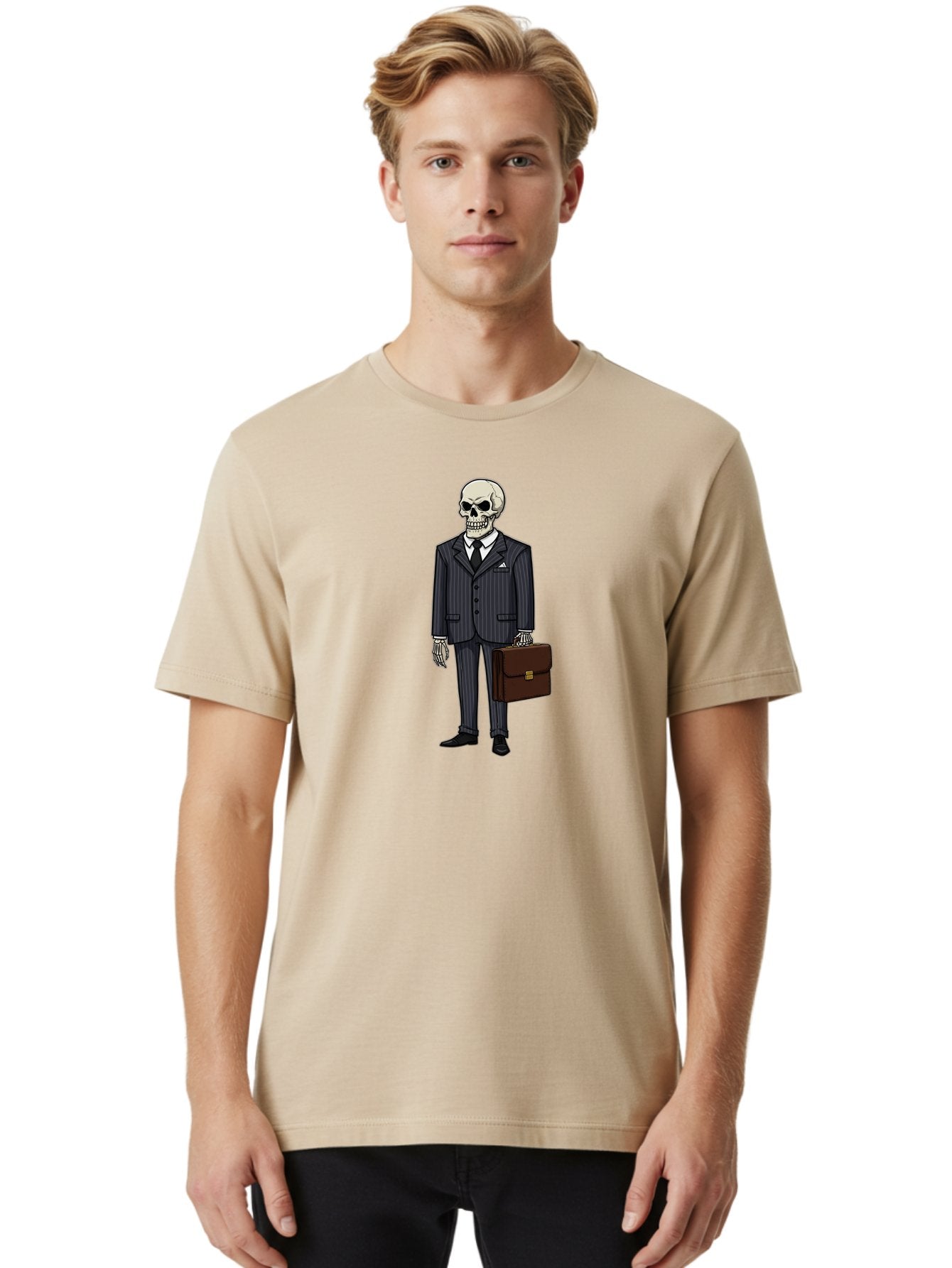 Skeleton-In-Suit Men'S Graphic Tee, 100% Cotton, Comfortable Casual Summer Wear, Machine Washable, Skeleton Wearing A Suit, Briefcase In Hand, Business Attire, Formal Wear, Black Tie, White Shirt, Striped Pants, Corporate Style, Spooky, Bad576 16