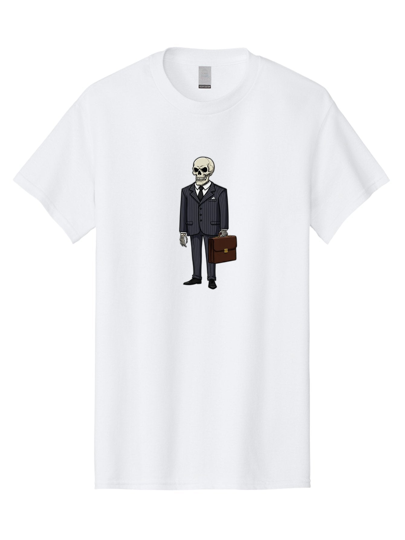 Skeleton-In-Suit Men'S Graphic Tee, 100% Cotton, Comfortable Casual Summer Wear, Machine Washable, Skeleton Wearing A Suit, Briefcase In Hand, Business Attire, Formal Wear, Black Tie, White Shirt, Striped Pants, Corporate Style, Spooky, Bad576 9