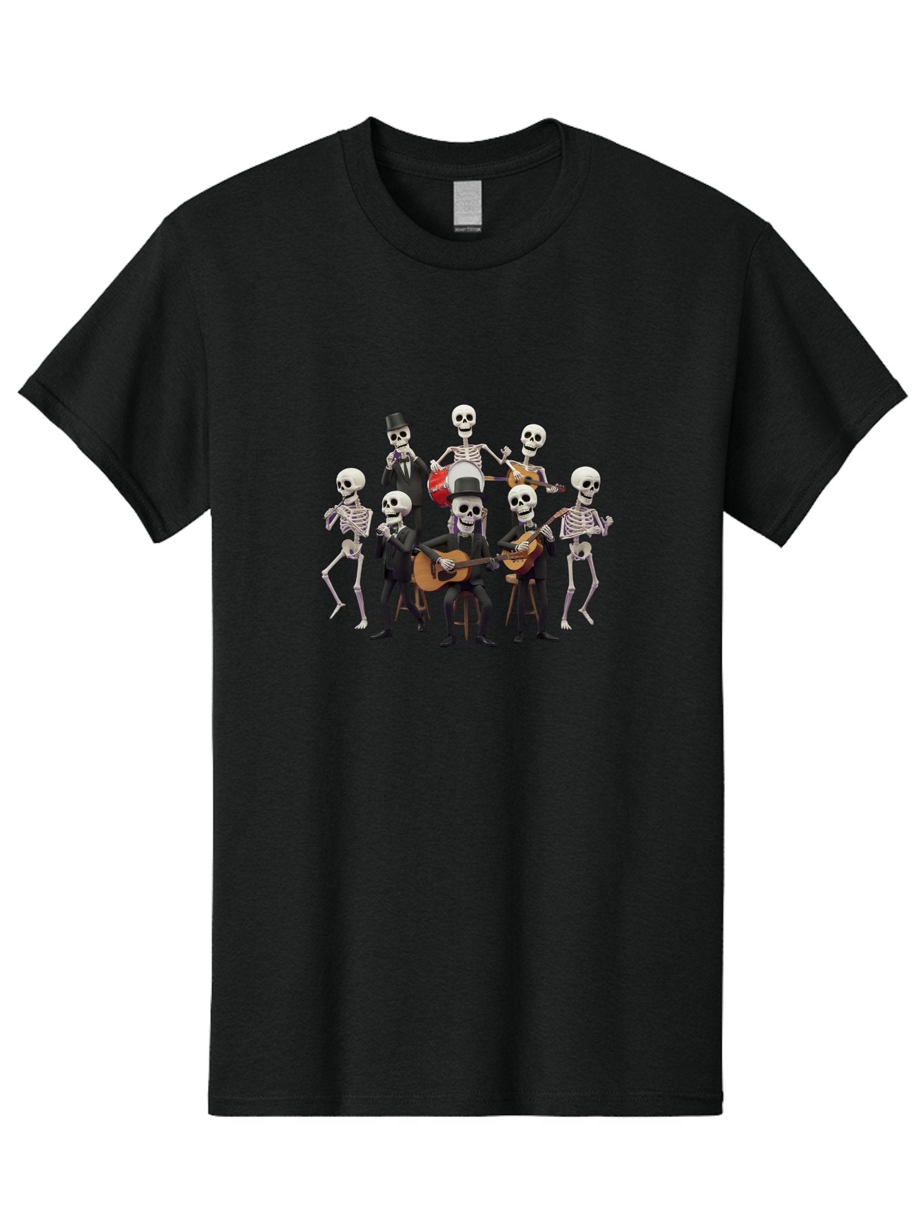 Skeletons-Playing-Music Men'S Graphic Tee, 100% Cotton, Comfortable Casual Summer Wear, Machine Washable, Skeletons In Suits, Playing Guitars, Dancing, Black Suits, Top Hats, Skulls, Bones, Musical Instruments, Mariachi Band, Day Of The Dead Bad578 14