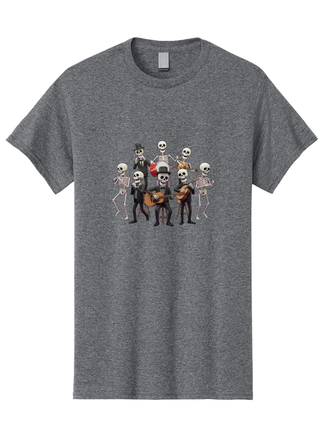 Skeletons-Playing-Music Men'S Graphic Tee, 100% Cotton, Comfortable Casual Summer Wear, Machine Washable, Skeletons In Suits, Playing Guitars, Dancing, Black Suits, Top Hats, Skulls, Bones, Musical Instruments, Mariachi Band, Day Of The Dead Bad578 11