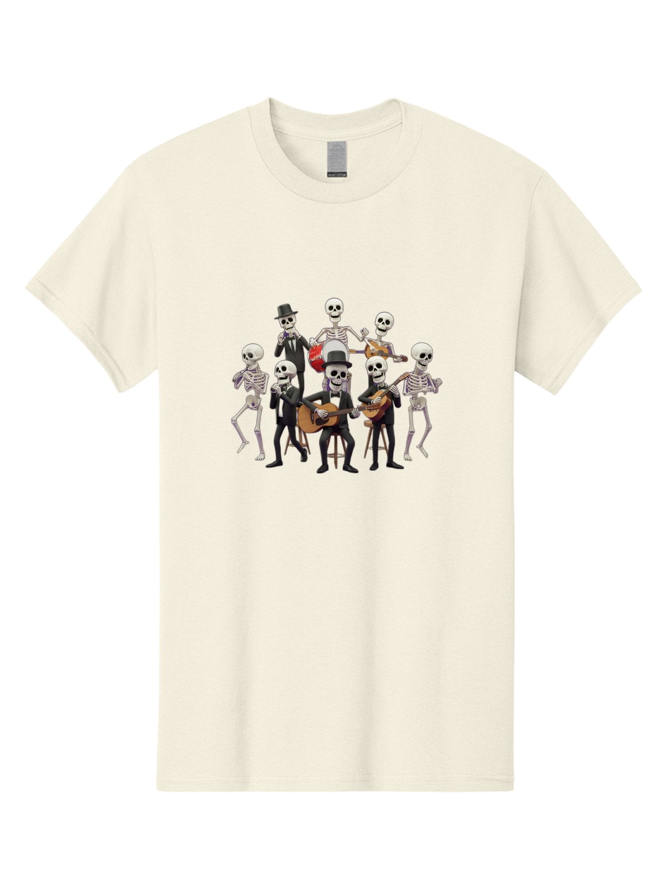 Skeletons-Playing-Music Men'S Graphic Tee, 100% Cotton, Comfortable Casual Summer Wear, Machine Washable, Skeletons In Suits, Playing Guitars, Dancing, Black Suits, Top Hats, Skulls, Bones, Musical Instruments, Mariachi Band, Day Of The Dead Bad578 12