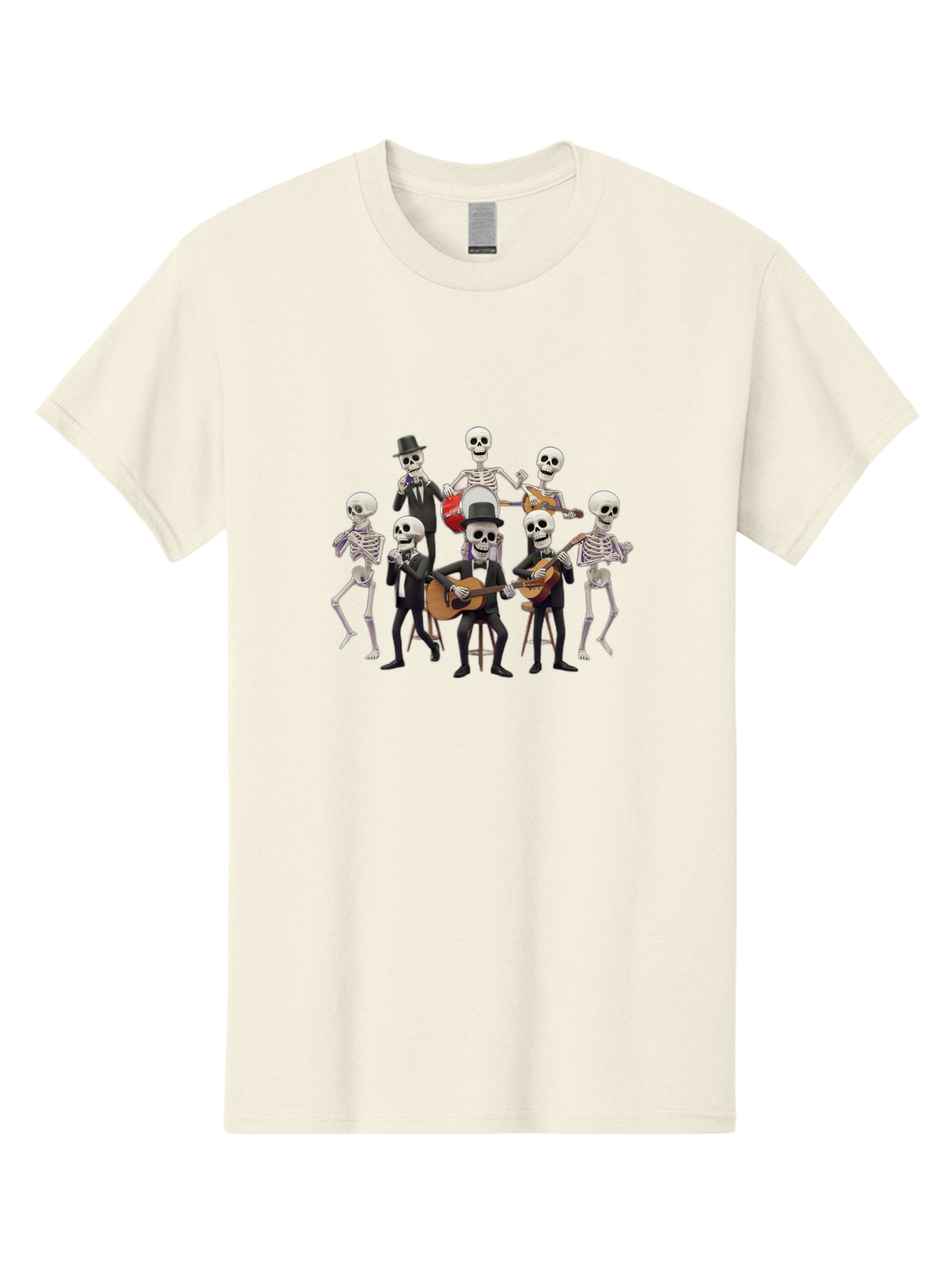 Skeletons-Playing-Music Men'S Graphic Tee, 100% Cotton, Comfortable Casual Summer Wear, Machine Washable, Skeletons In Suits, Playing Guitars, Dancing, Black Suits, Top Hats, Skulls, Bones, Musical Instruments, Mariachi Band, Day Of The Dead Bad578 3