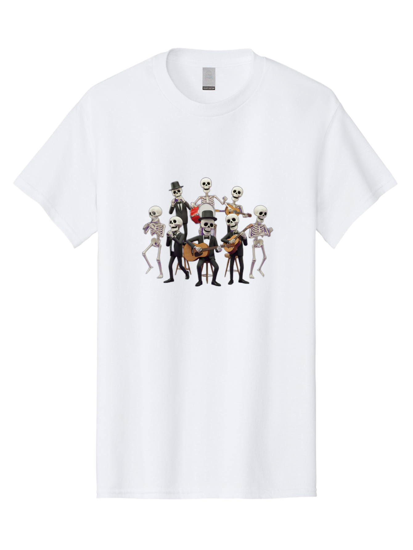 Skeletons-Playing-Music Men'S Graphic Tee, 100% Cotton, Comfortable Casual Summer Wear, Machine Washable, Skeletons In Suits, Playing Guitars, Dancing, Black Suits, Top Hats, Skulls, Bones, Musical Instruments, Mariachi Band, Day Of The Dead Bad578 11
