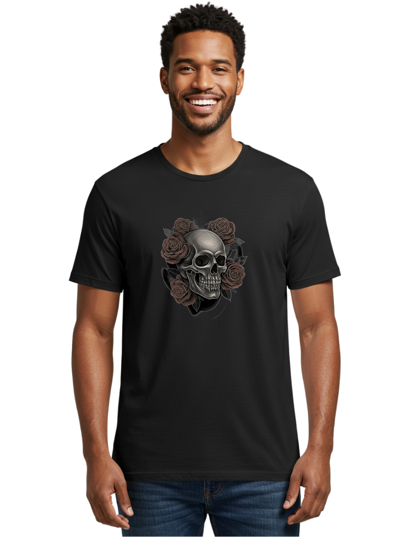 Skull-And-Roses Men'S Graphic Tee, 100% Cotton, Comfortable Casual Summer Wear, Machine Washable, Skull Illustration, Dark Roses, Gothic Art, Tattoo Design, Human Skull, Floral Arrangement, Dark Art, Monochromatic, Dramatic Effect, Bad579 18