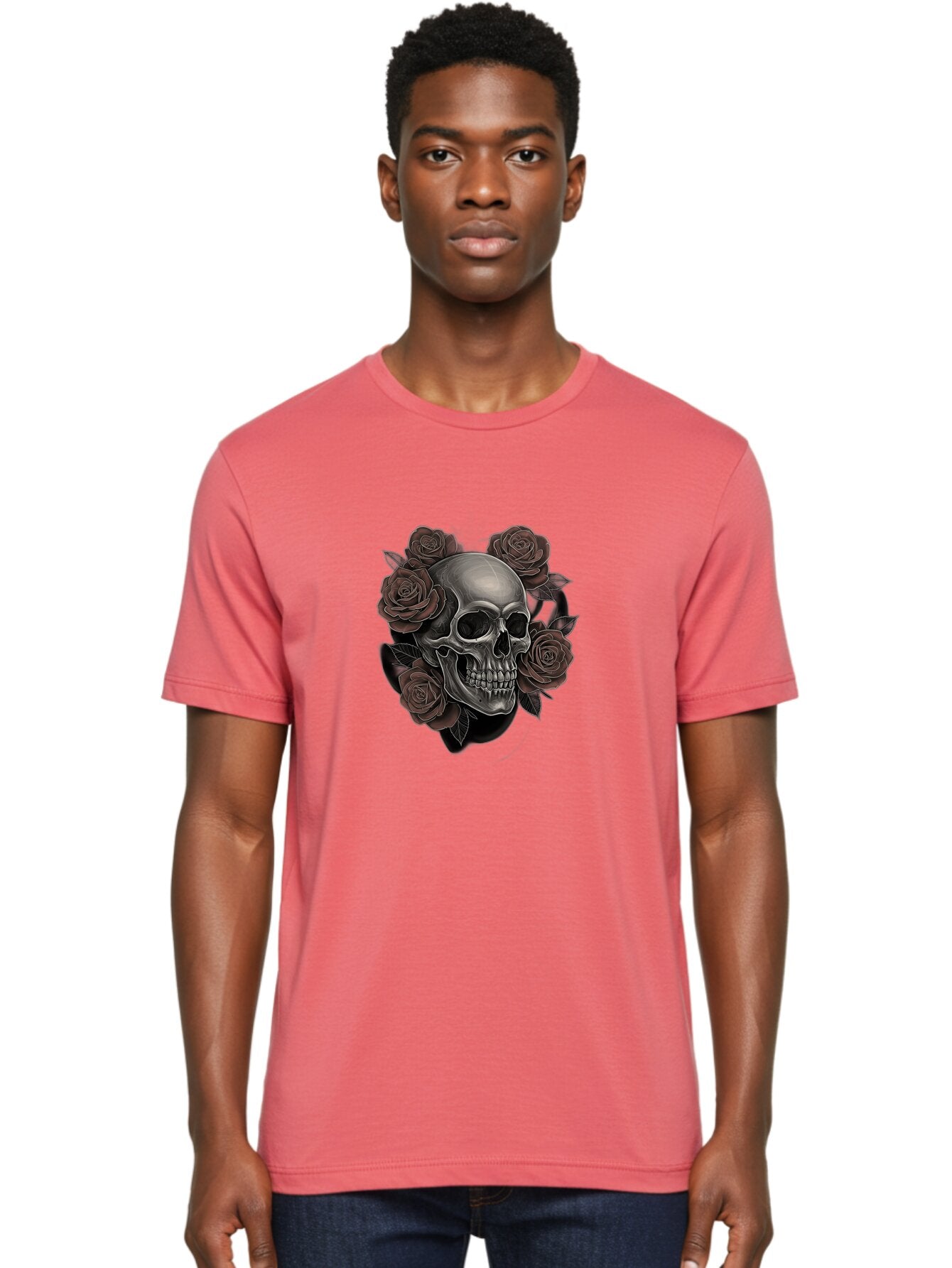 Skull-And-Roses Men'S Graphic Tee, 100% Cotton, Comfortable Casual Summer Wear, Machine Washable, Skull Illustration, Dark Roses, Gothic Art, Tattoo Design, Human Skull, Floral Arrangement, Dark Art, Monochromatic, Dramatic Effect, Bad579 30