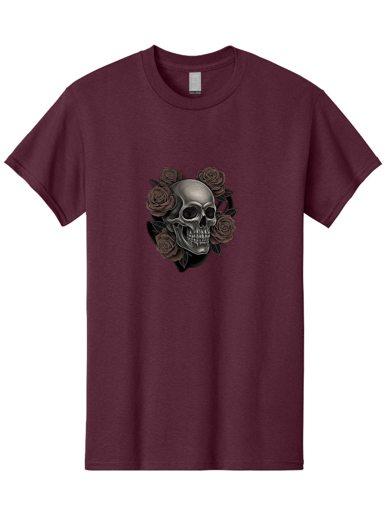 Skull-And-Roses Men'S Graphic Tee, 100% Cotton, Comfortable Casual Summer Wear, Machine Washable, Skull Illustration, Dark Roses, Gothic Art, Tattoo Design, Human Skull, Floral Arrangement, Dark Art, Monochromatic, Dramatic Effect, Bad579