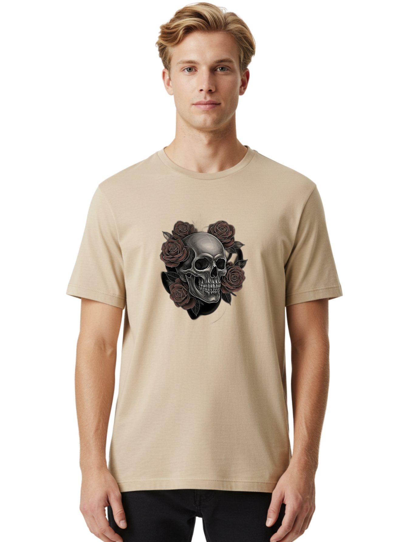 Skull-And-Roses Men'S Graphic Tee, 100% Cotton, Comfortable Casual Summer Wear, Machine Washable, Skull Illustration, Dark Roses, Gothic Art, Tattoo Design, Human Skull, Floral Arrangement, Dark Art, Monochromatic, Dramatic Effect, Bad579 20