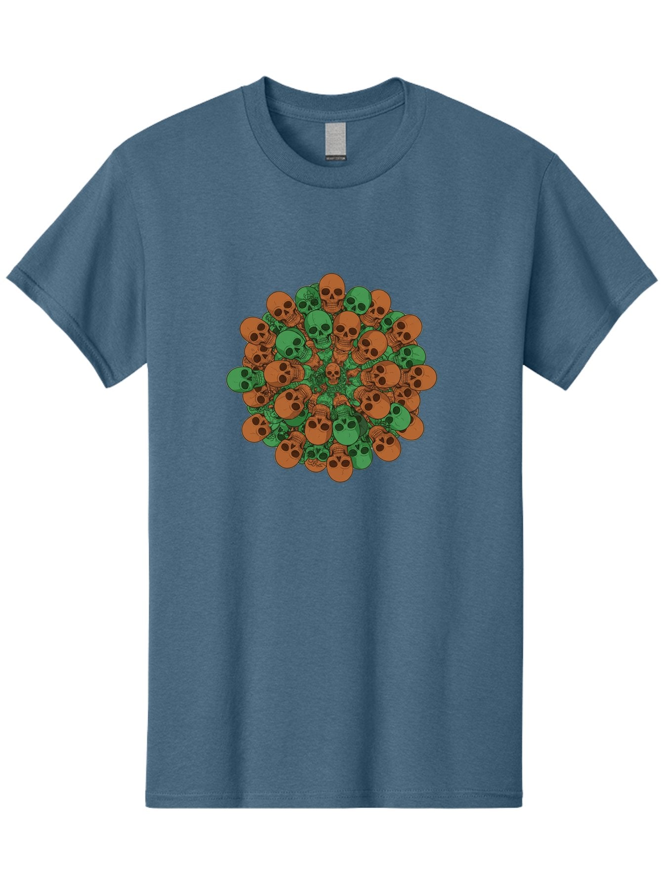 Skull-Cluster-2 Men'S Graphic Tee, 100% Cotton, Comfortable Casual Summer Wear, Machine Washable, Cluster Of Skulls, Orange And Green Skulls, Skull Illustration, Skull Design, Mortality Symbol, Death Theme, Gothic Art, Macabre Imagery Bad582 7
