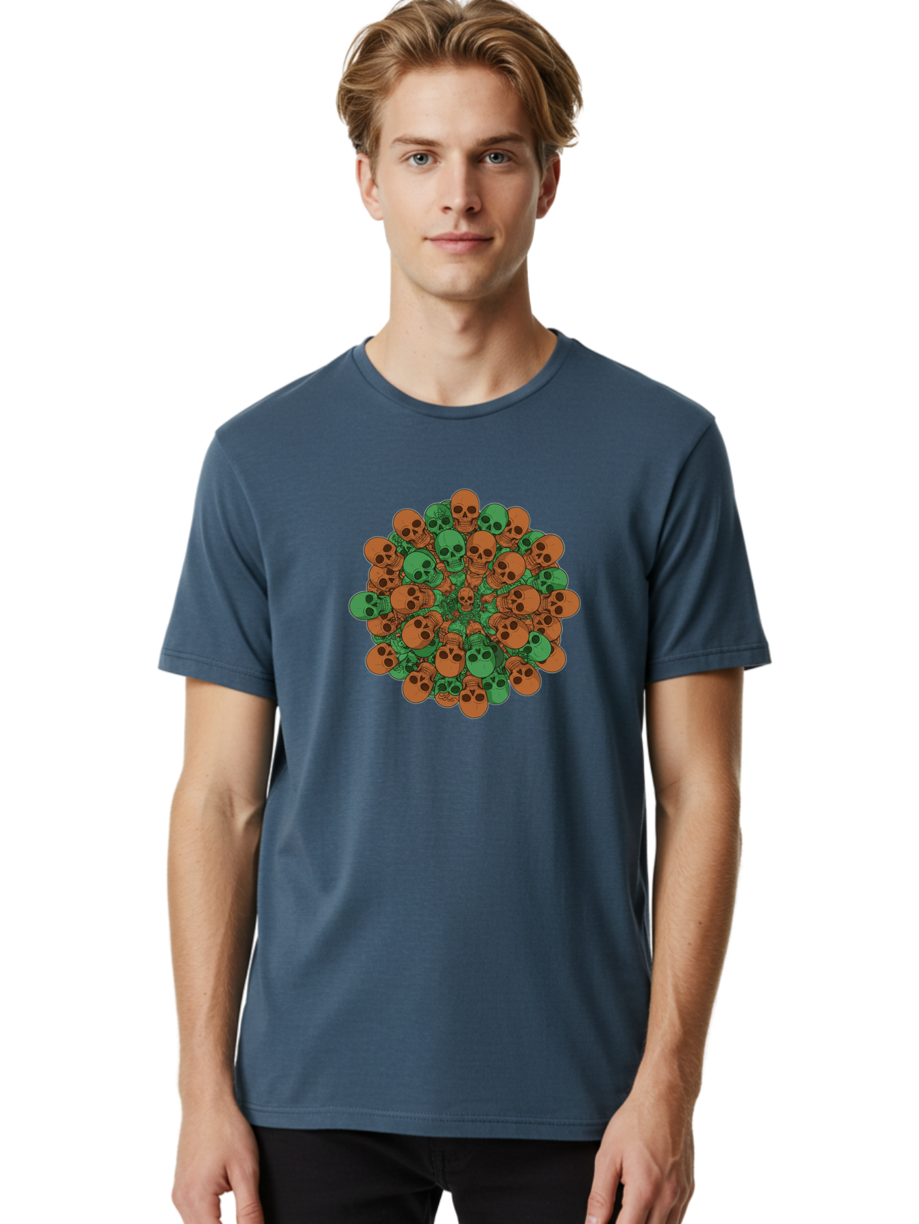 Skull-Cluster-2 Men'S Graphic Tee, 100% Cotton, Comfortable Casual Summer Wear, Machine Washable, Cluster Of Skulls, Orange And Green Skulls, Skull Illustration, Skull Design, Mortality Symbol, Death Theme, Gothic Art, Macabre Imagery Bad582 28