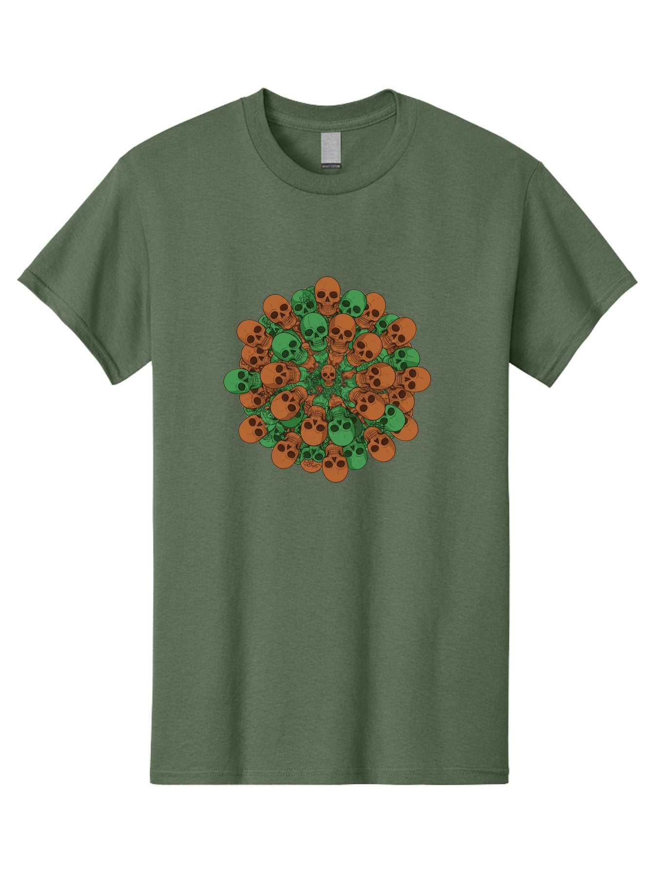 Skull-Cluster-2 Men'S Graphic Tee, 100% Cotton, Comfortable Casual Summer Wear, Machine Washable, Cluster Of Skulls, Orange And Green Skulls, Skull Illustration, Skull Design, Mortality Symbol, Death Theme, Gothic Art, Macabre Imagery Bad582 5