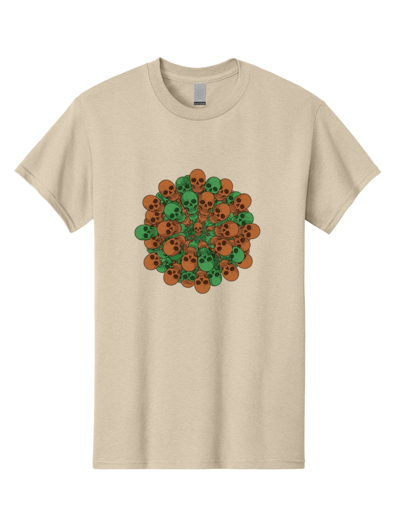 Skull-Cluster-2 Men'S Graphic Tee, 100% Cotton, Comfortable Casual Summer Wear, Machine Washable, Cluster Of Skulls, Orange And Green Skulls, Skull Illustration, Skull Design, Mortality Symbol, Death Theme, Gothic Art, Macabre Imagery Bad582