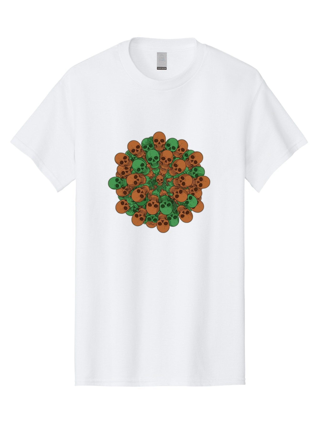 Skull-Cluster-2 Men'S Graphic Tee, 100% Cotton, Comfortable Casual Summer Wear, Machine Washable, Cluster Of Skulls, Orange And Green Skulls, Skull Illustration, Skull Design, Mortality Symbol, Death Theme, Gothic Art, Macabre Imagery Bad582 13