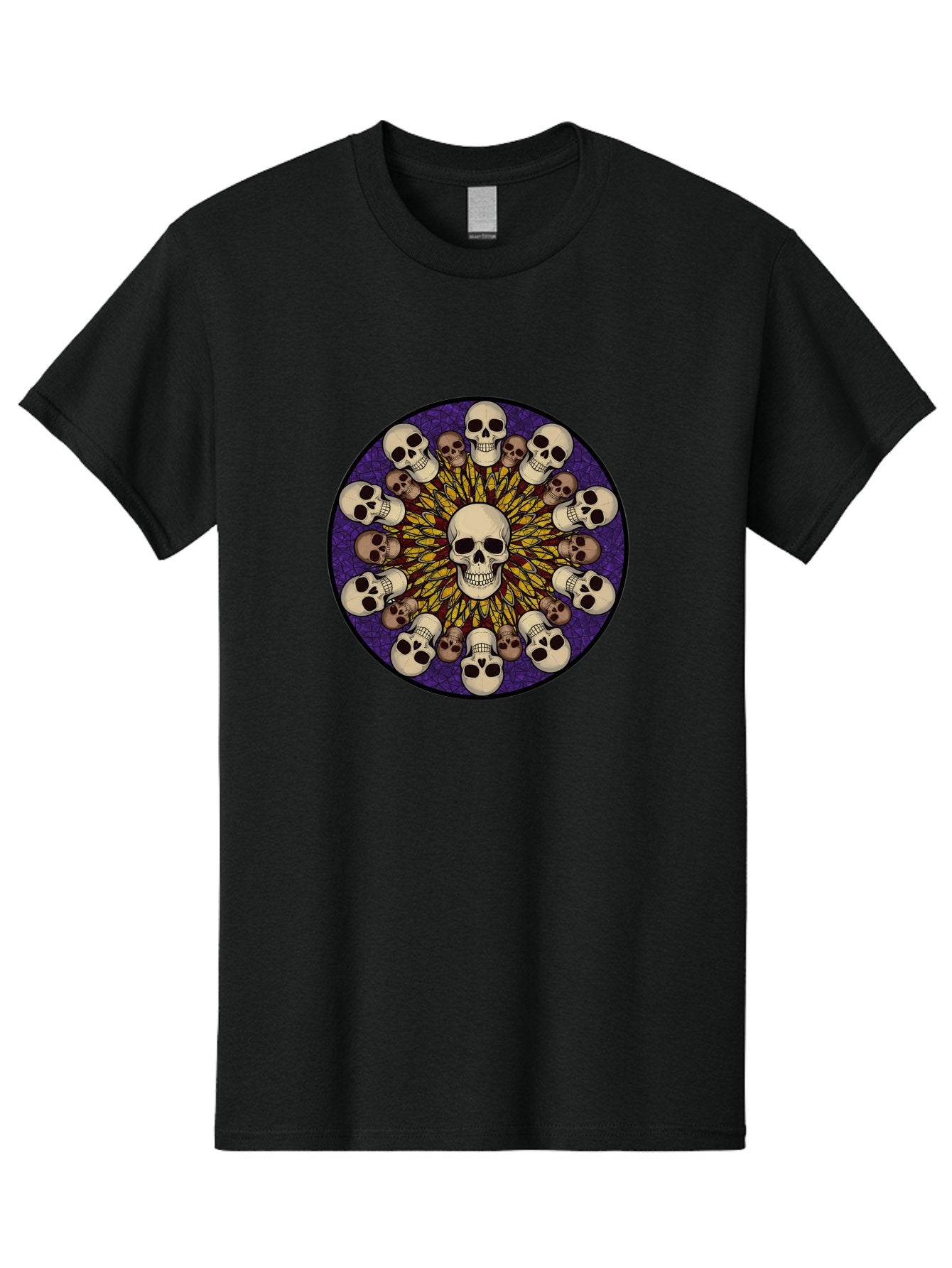 Skull-Explosion Men'S Graphic Tee, 100% Cotton, Comfortable Casual Summer Wear, Machine Washable, Skull Mandala, Human Skulls, Intricate Design, Purple Background, Abstract Art, Alternative Culture, Gothic Art, Yellow Rays, Circle Pattern, Bad584 9