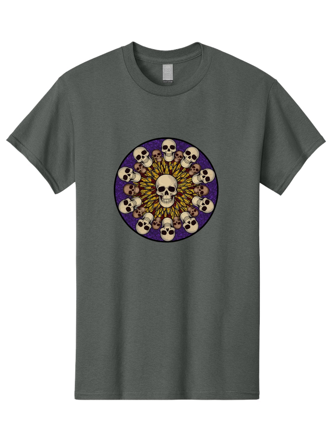 Skull-Explosion Men'S Graphic Tee, 100% Cotton, Comfortable Casual Summer Wear, Machine Washable, Skull Mandala, Human Skulls, Intricate Design, Purple Background, Abstract Art, Alternative Culture, Gothic Art, Yellow Rays, Circle Pattern, Bad584