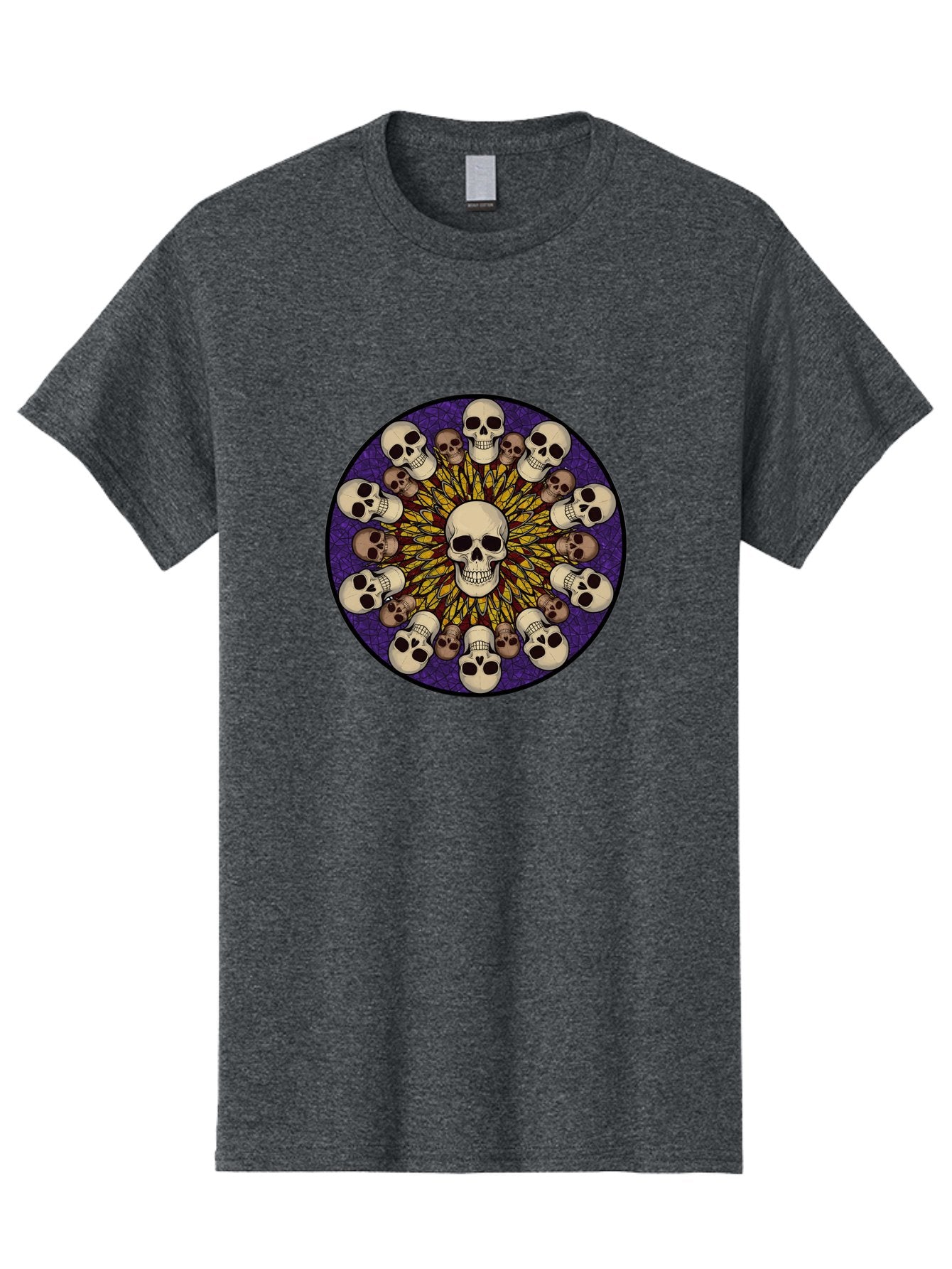 Skull-Explosion Men'S Graphic Tee, 100% Cotton, Comfortable Casual Summer Wear, Machine Washable, Skull Mandala, Human Skulls, Intricate Design, Purple Background, Abstract Art, Alternative Culture, Gothic Art, Yellow Rays, Circle Pattern, Bad584 7