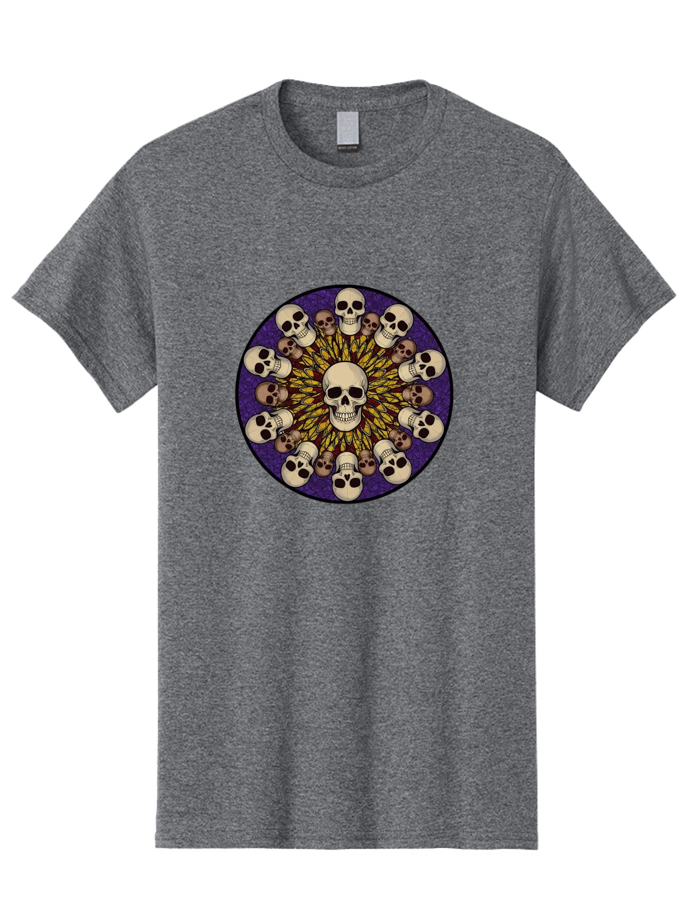 Skull-Explosion Men'S Graphic Tee, 100% Cotton, Comfortable Casual Summer Wear, Machine Washable, Skull Mandala, Human Skulls, Intricate Design, Purple Background, Abstract Art, Alternative Culture, Gothic Art, Yellow Rays, Circle Pattern, Bad584 8