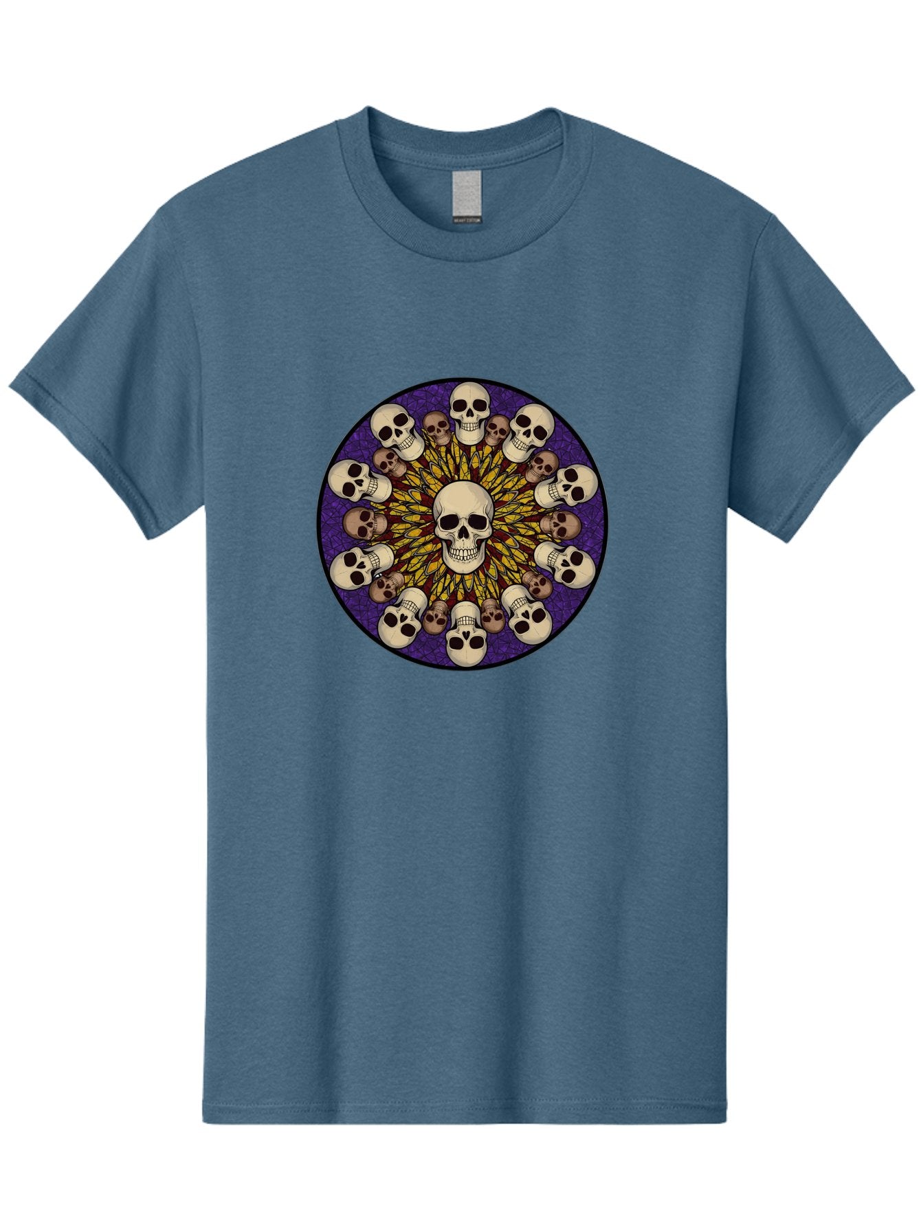 Skull-Explosion Men'S Graphic Tee, 100% Cotton, Comfortable Casual Summer Wear, Machine Washable, Skull Mandala, Human Skulls, Intricate Design, Purple Background, Abstract Art, Alternative Culture, Gothic Art, Yellow Rays, Circle Pattern, Bad584 15