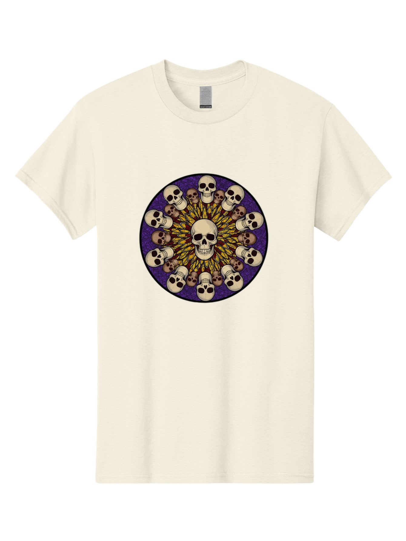 Skull-Explosion Men'S Graphic Tee, 100% Cotton, Comfortable Casual Summer Wear, Machine Washable, Skull Mandala, Human Skulls, Intricate Design, Purple Background, Abstract Art, Alternative Culture, Gothic Art, Yellow Rays, Circle Pattern, Bad584 13