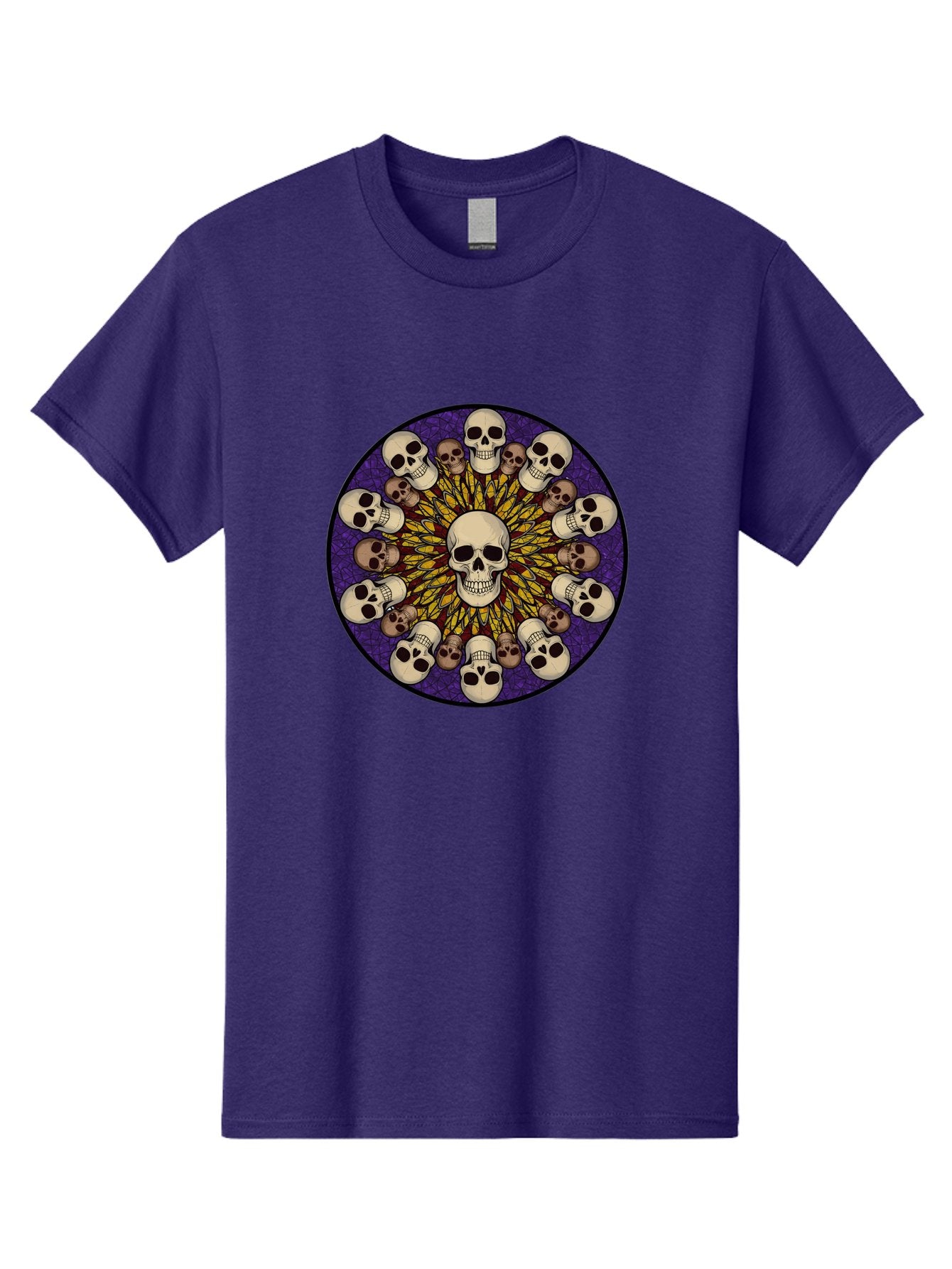 Skull-Explosion Men'S Graphic Tee, 100% Cotton, Comfortable Casual Summer Wear, Machine Washable, Skull Mandala, Human Skulls, Intricate Design, Purple Background, Abstract Art, Alternative Culture, Gothic Art, Yellow Rays, Circle Pattern, Bad584 14
