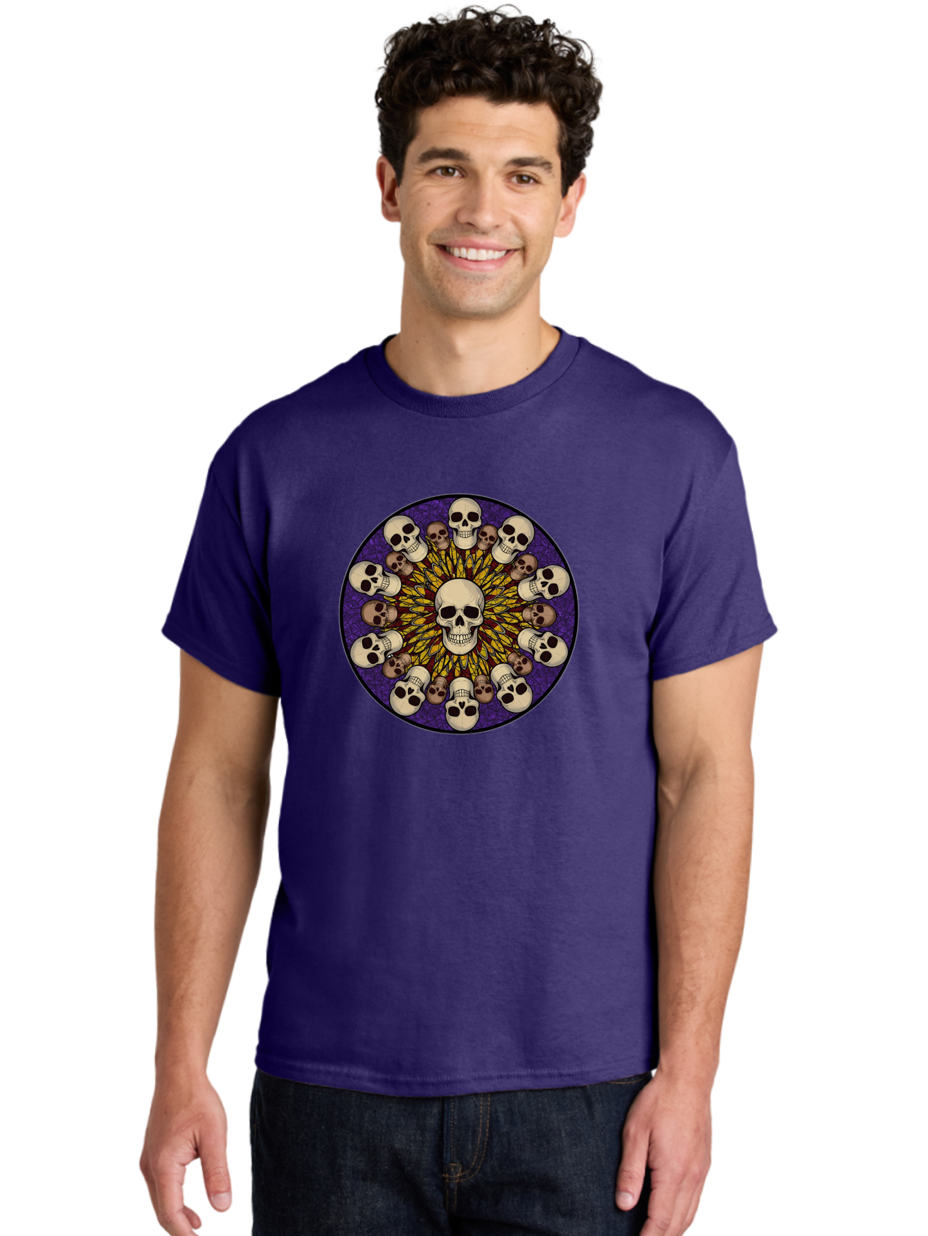Skull-Explosion Men'S Graphic Tee, 100% Cotton, Comfortable Casual Summer Wear, Machine Washable, Skull Mandala, Human Skulls, Intricate Design, Purple Background, Abstract Art, Alternative Culture, Gothic Art, Yellow Rays, Circle Pattern, Bad584 17